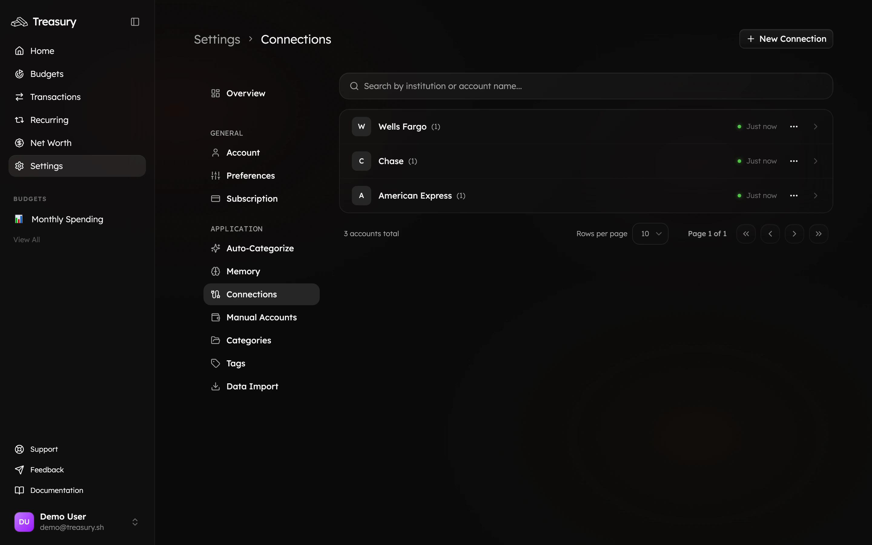 The Connections page for linking financial institutions