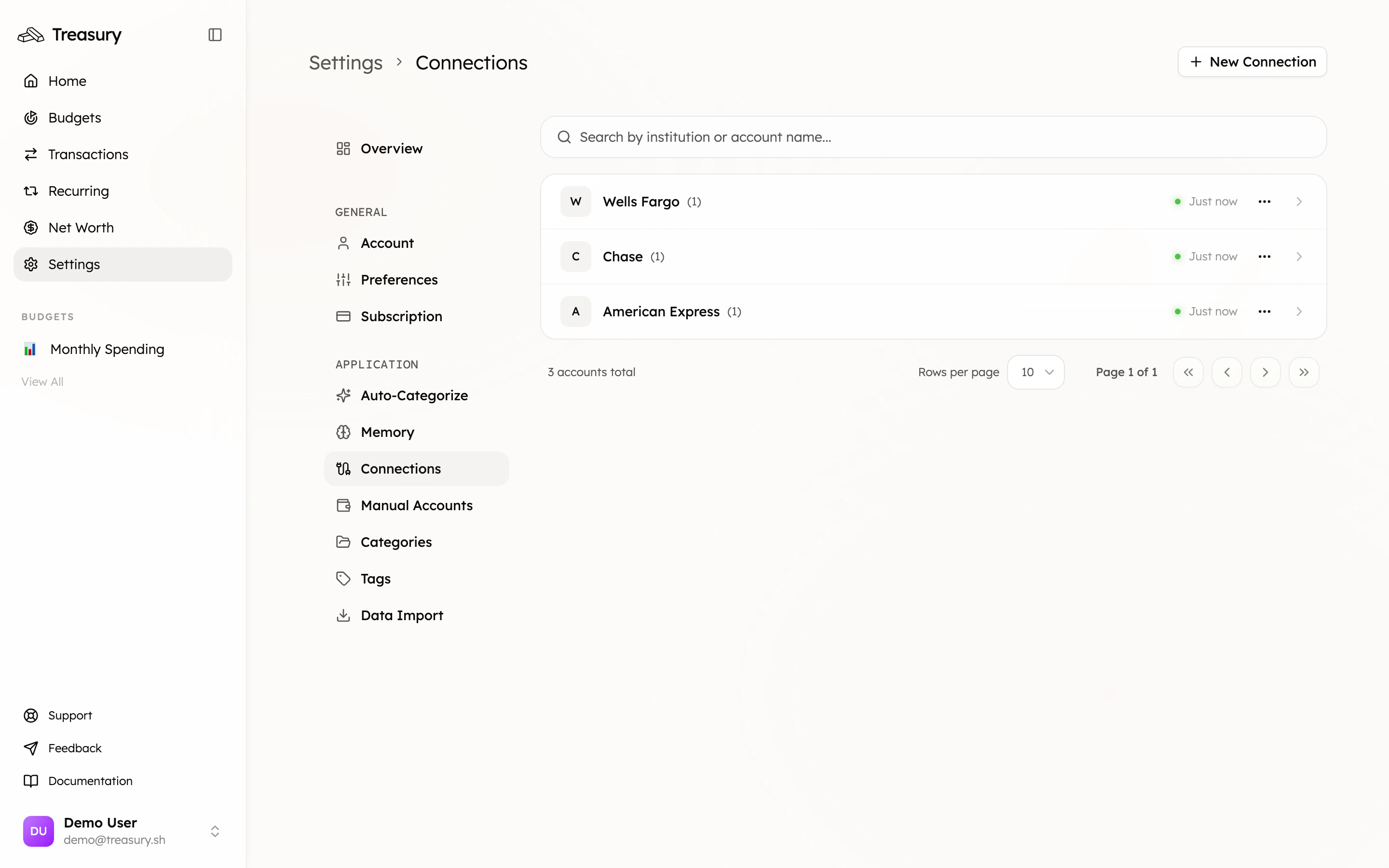 The Connections page for linking financial institutions