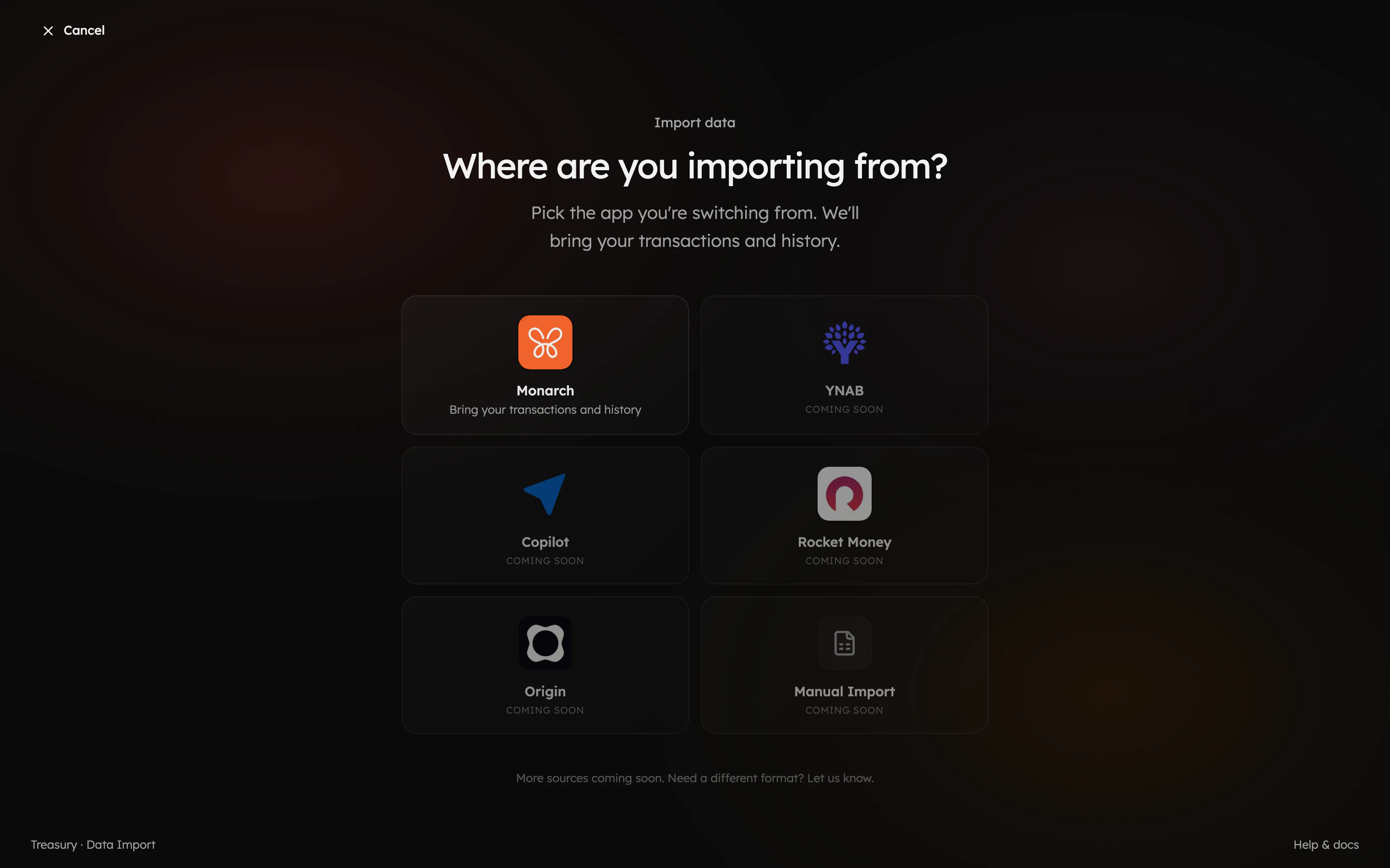 The data import screen asking which app you're importing from