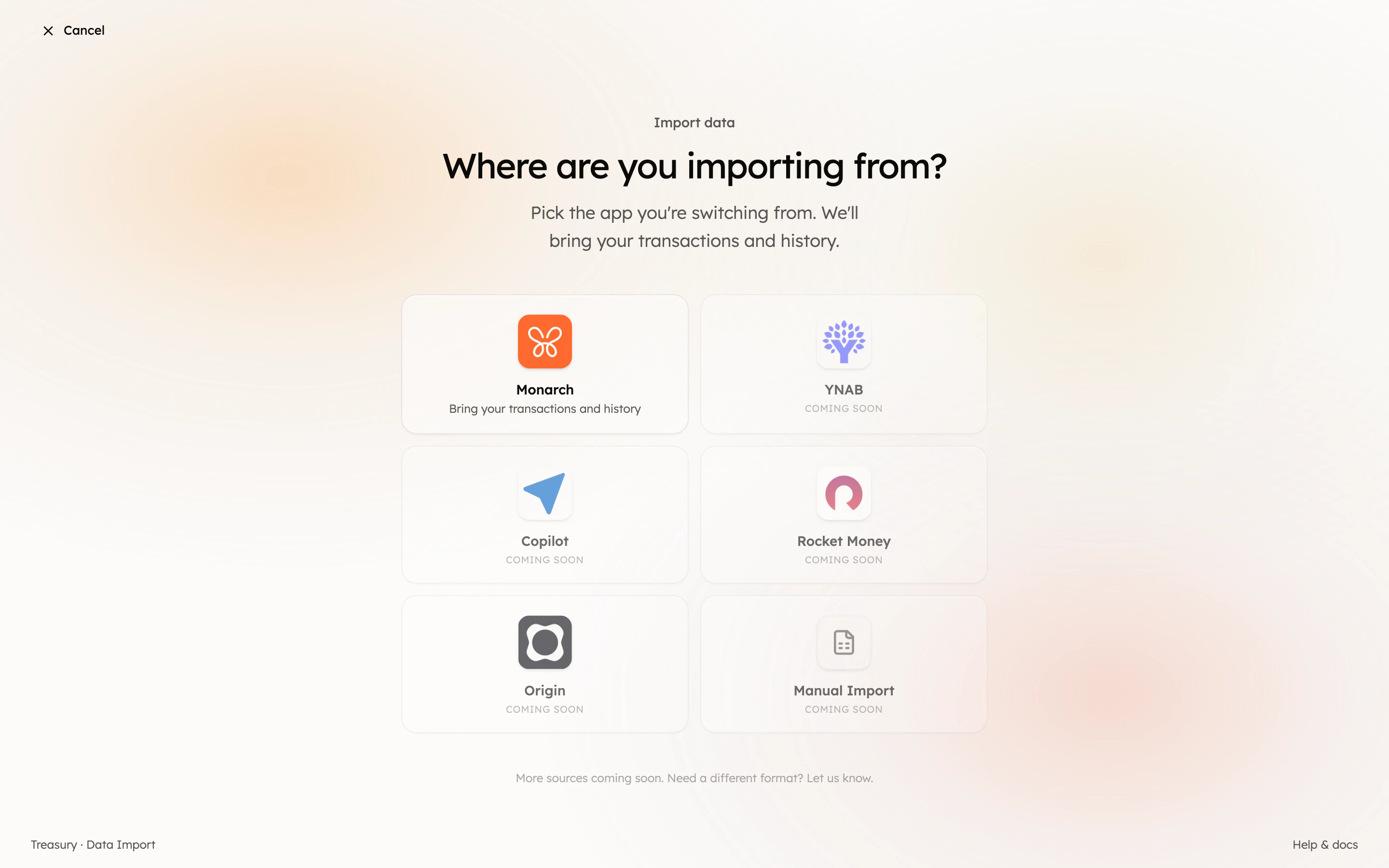 The data import screen asking which app you're importing from