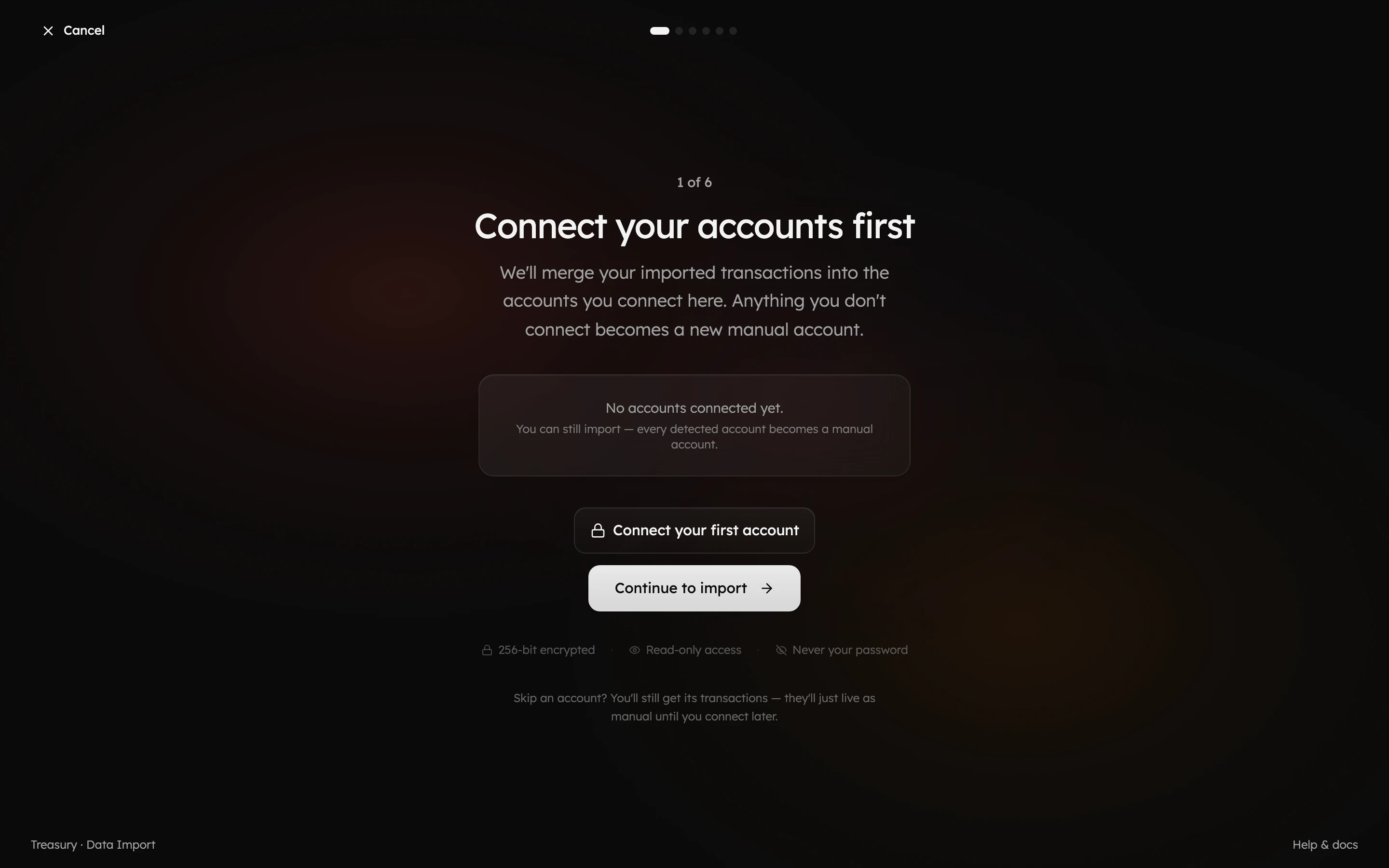 The first import step: connect your accounts so imported history merges correctly