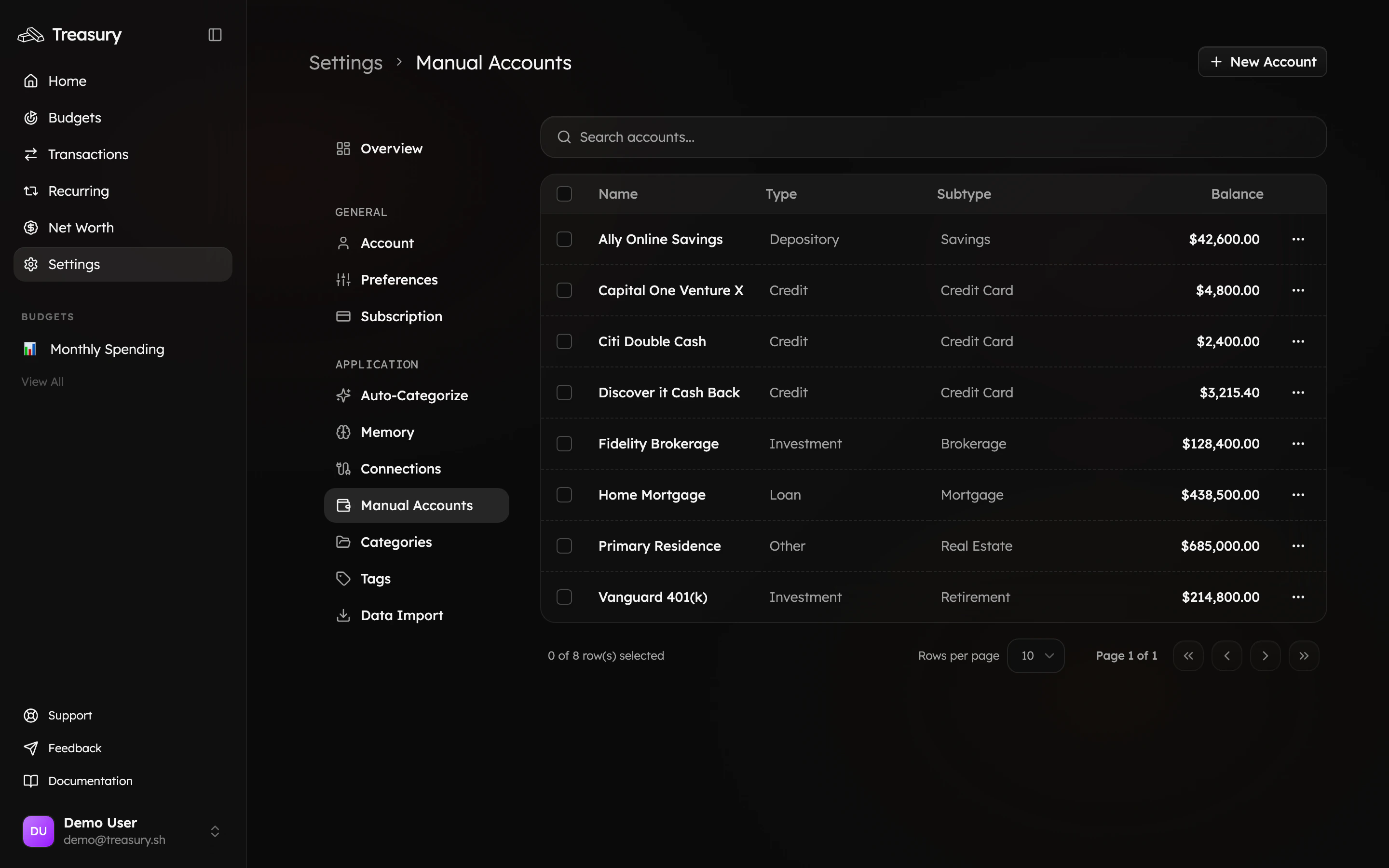 The Manual Accounts page listing accounts with their type and balance