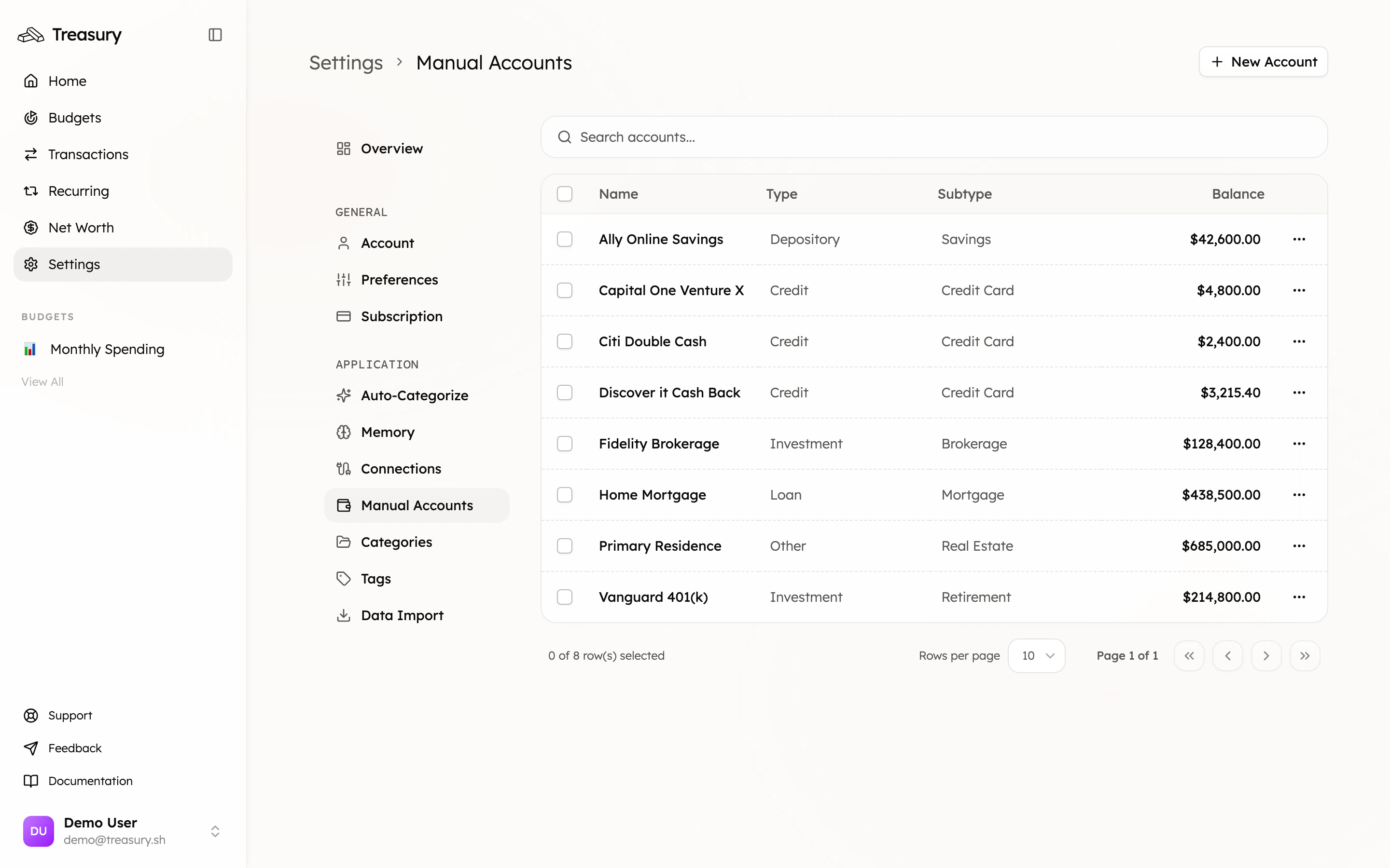 The Manual Accounts page listing accounts with their type and balance