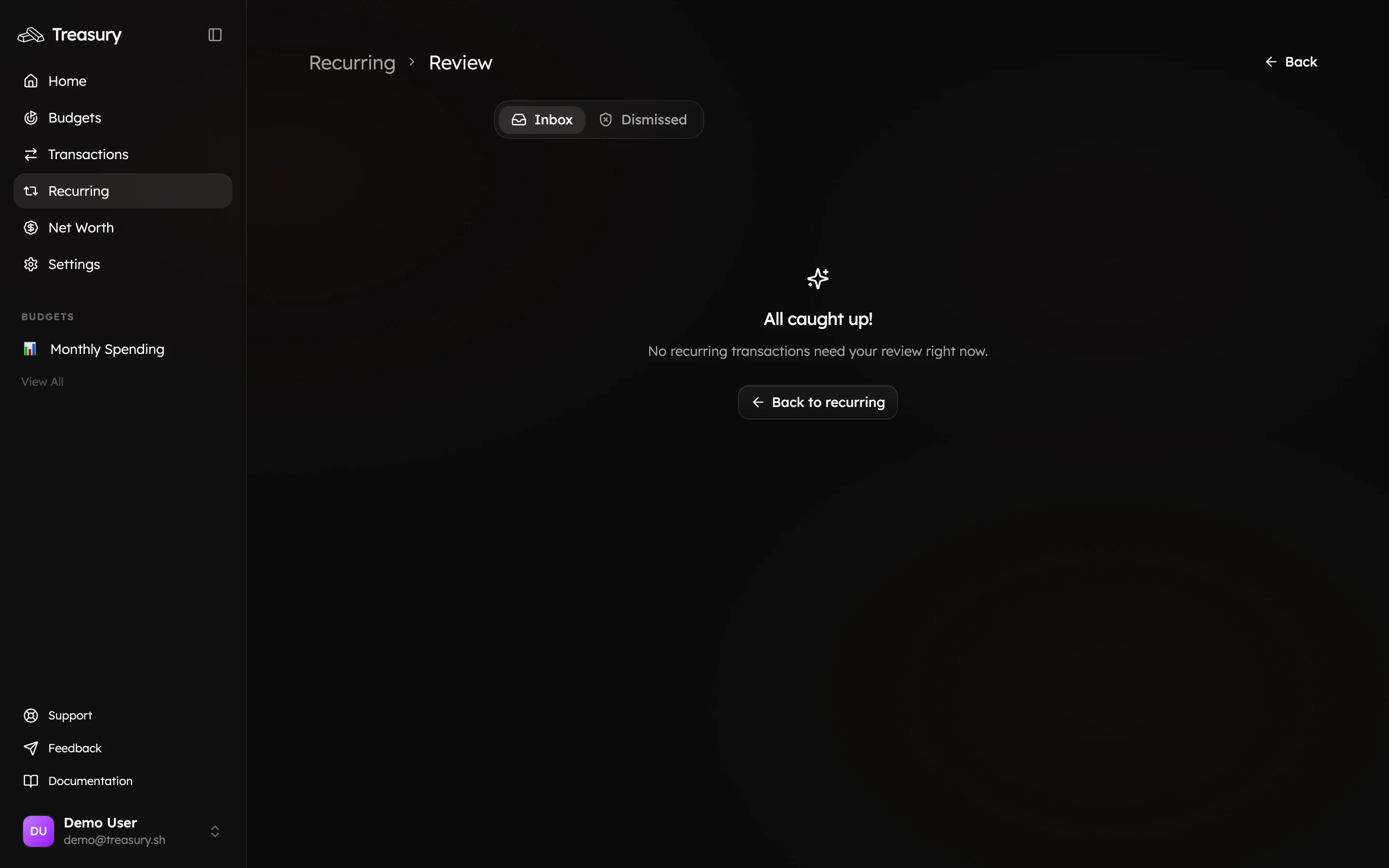 The Recurring Review inbox for confirming or dismissing detected recurring payments
