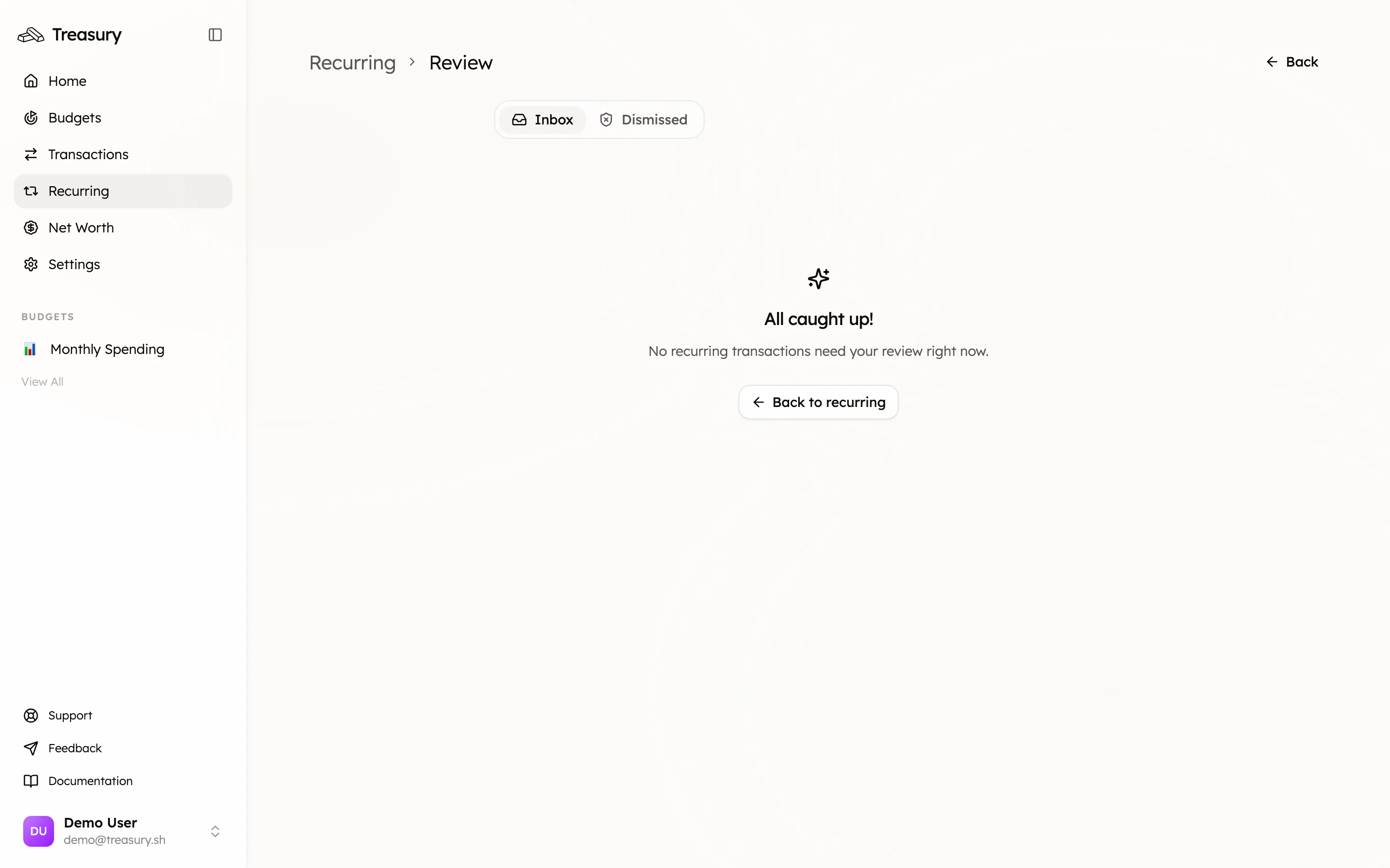 The Recurring Review inbox for confirming or dismissing detected recurring payments