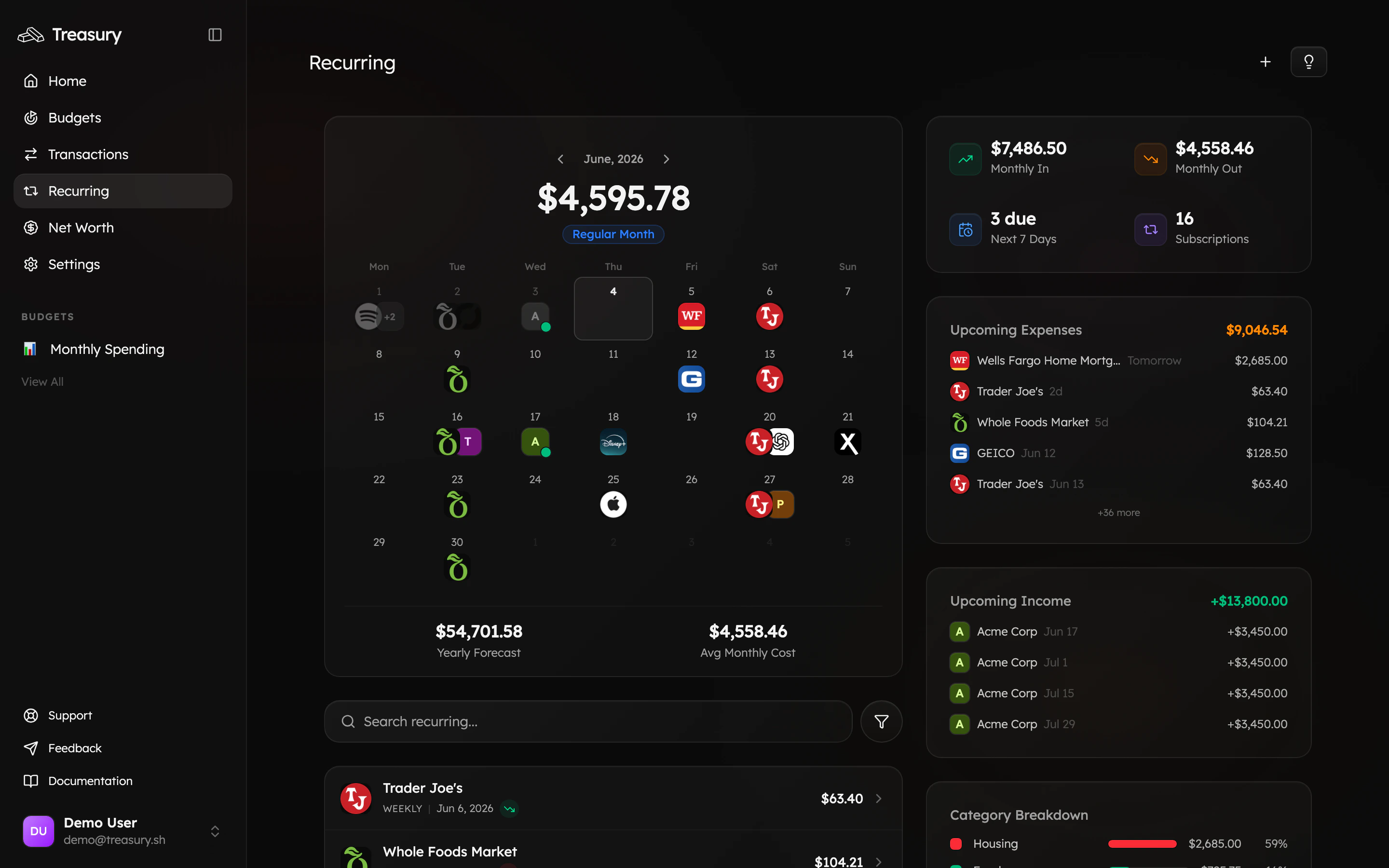 The Recurring page showing detected subscriptions on a calendar with monthly totals and upcoming charges