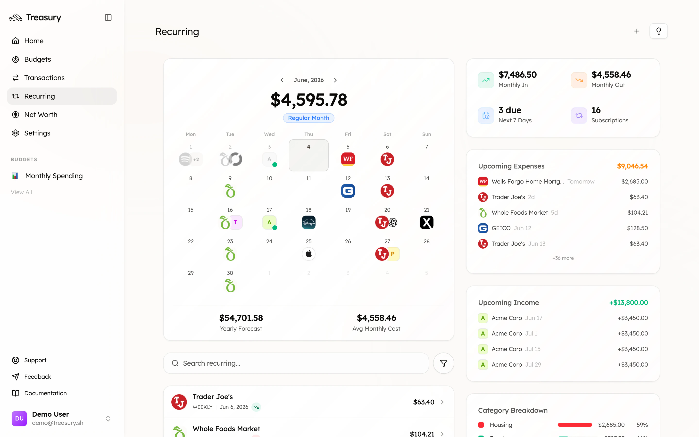 The Recurring page showing detected subscriptions on a calendar with monthly totals and upcoming charges