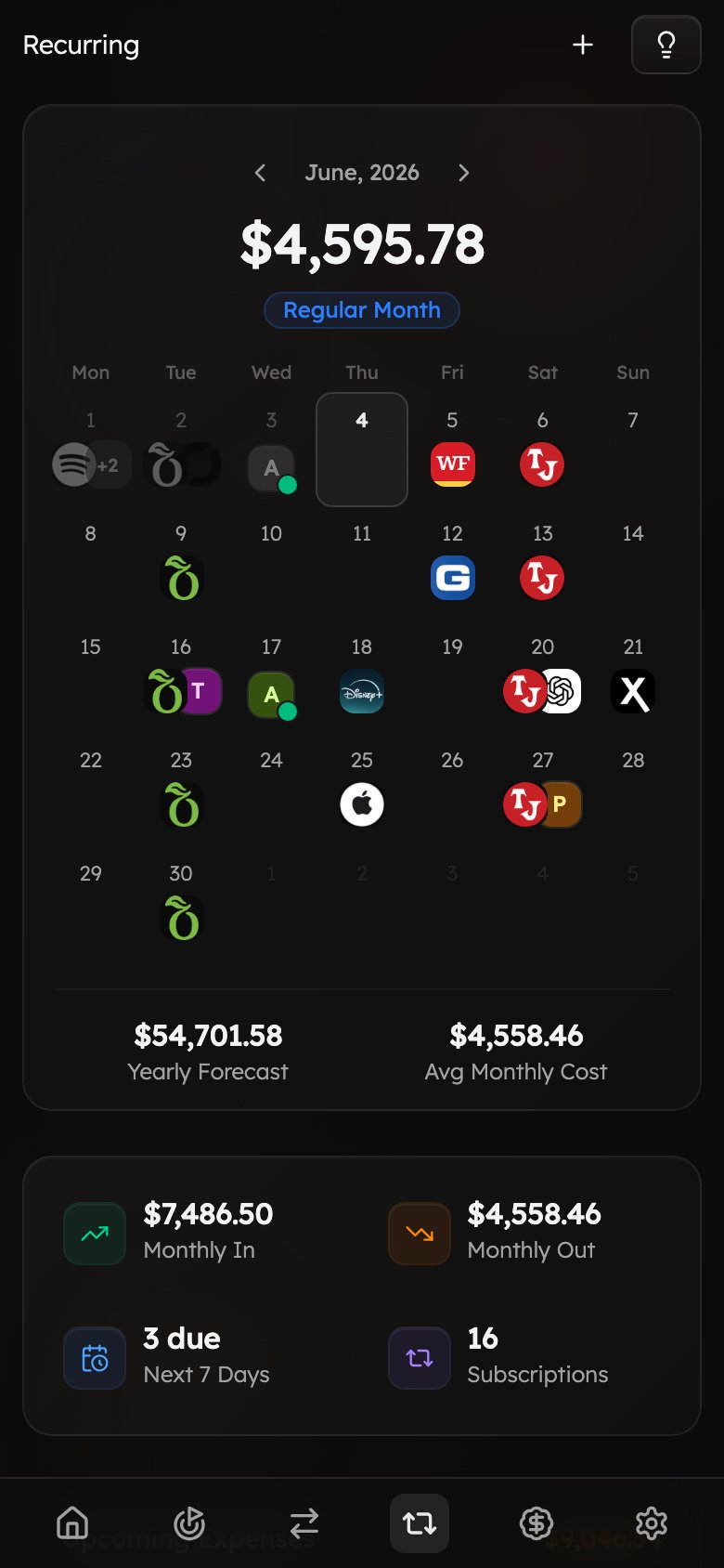 The Recurring page on mobile