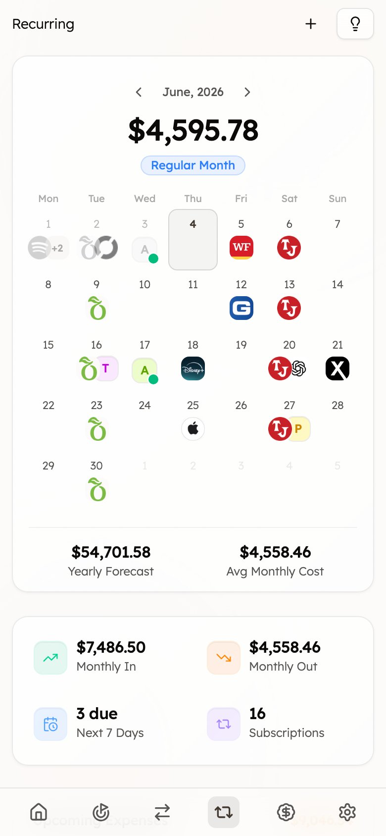 The Recurring page on mobile