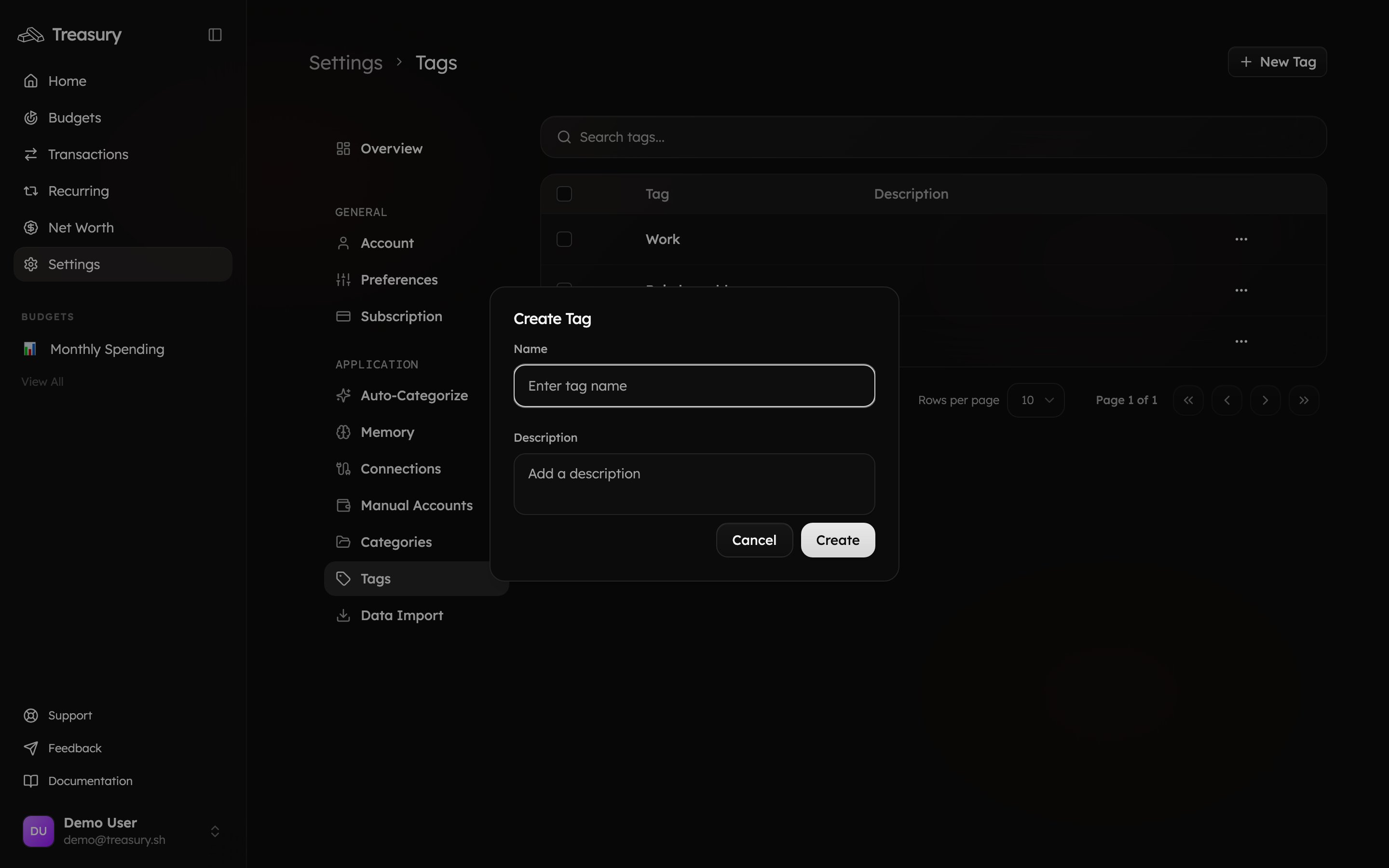 The New Tag dialog with name and description fields