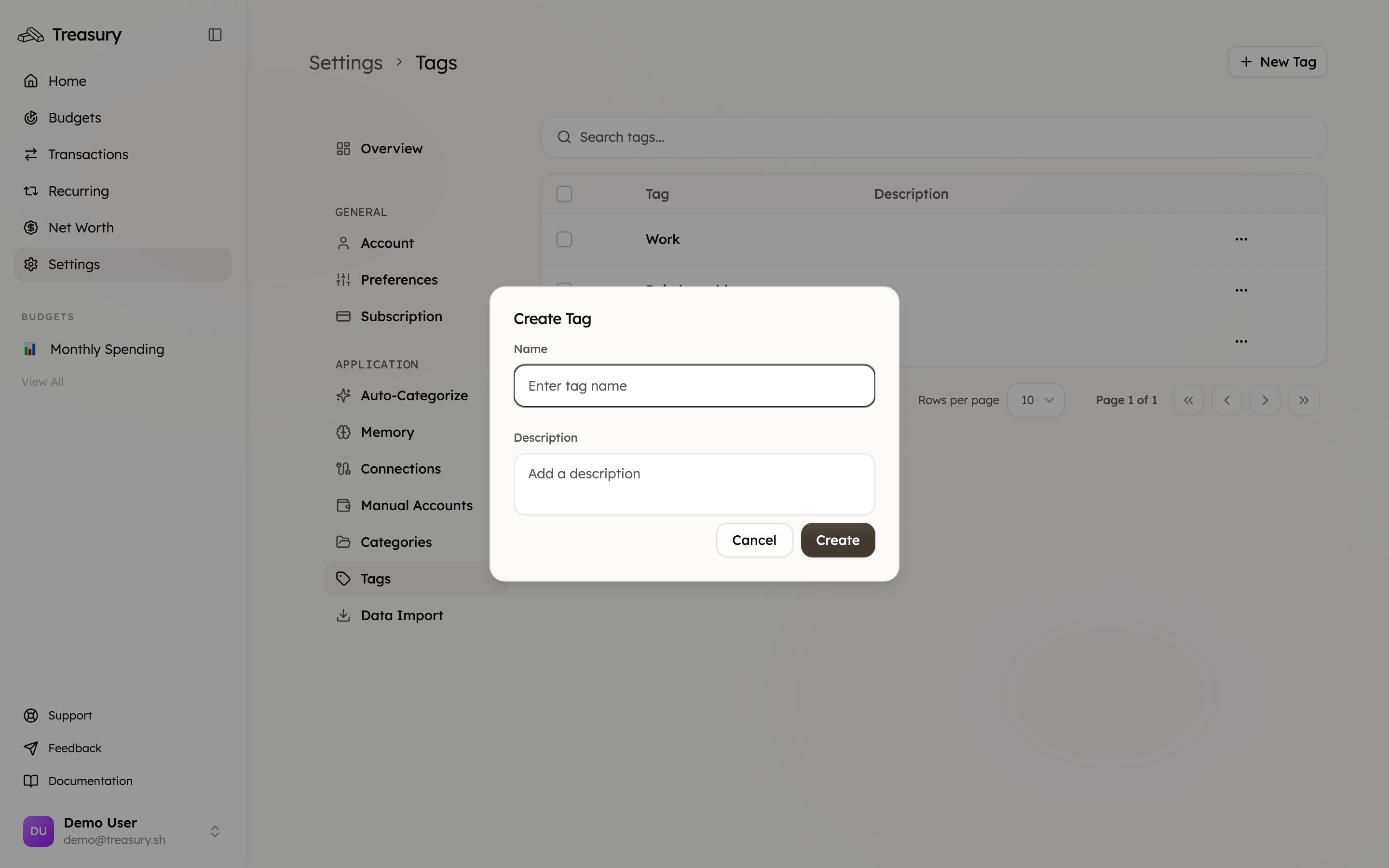 The New Tag dialog with name and description fields