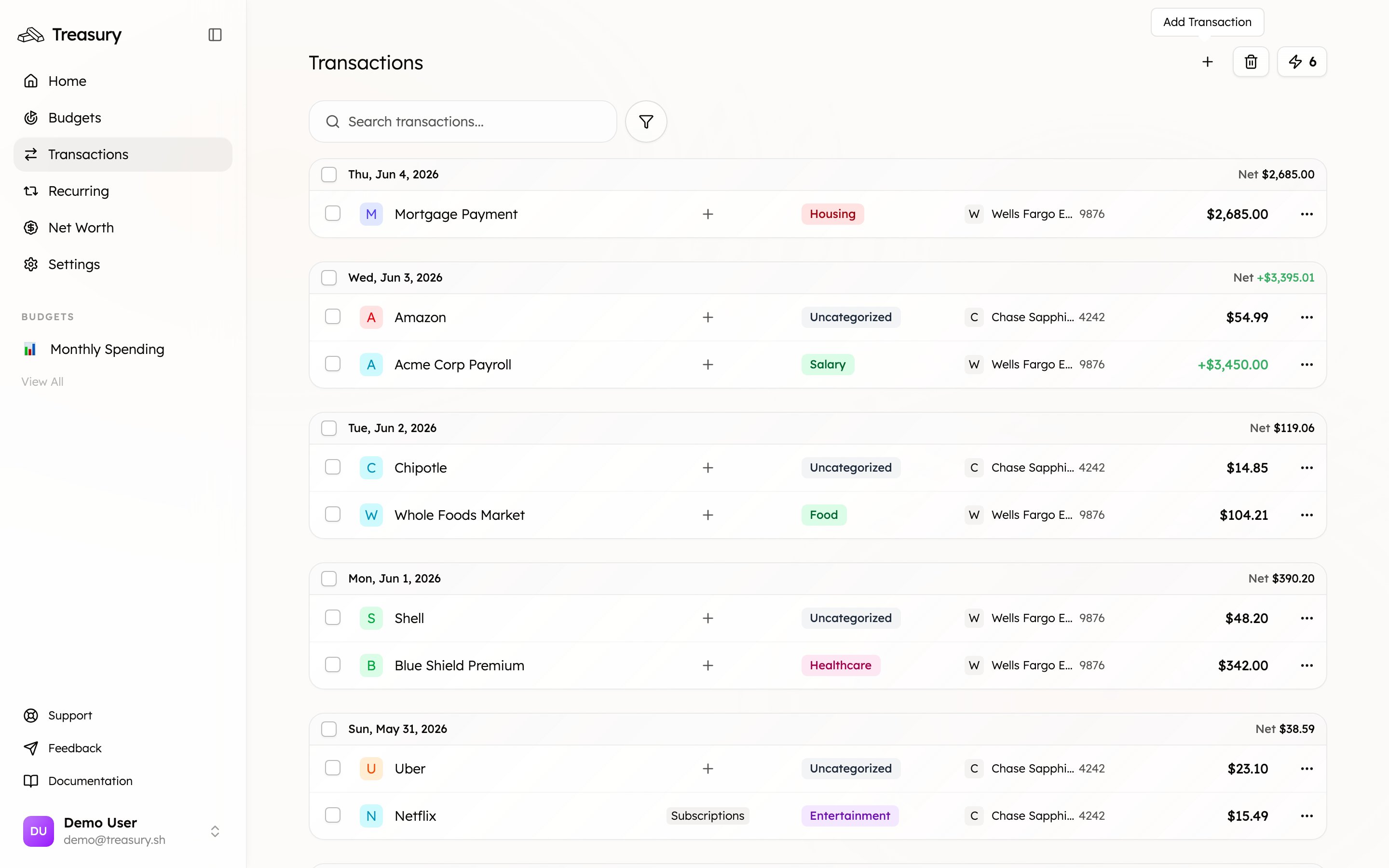 The Add Transaction dialog with Name, Amount, Date, Category, Tags, and Notes fields