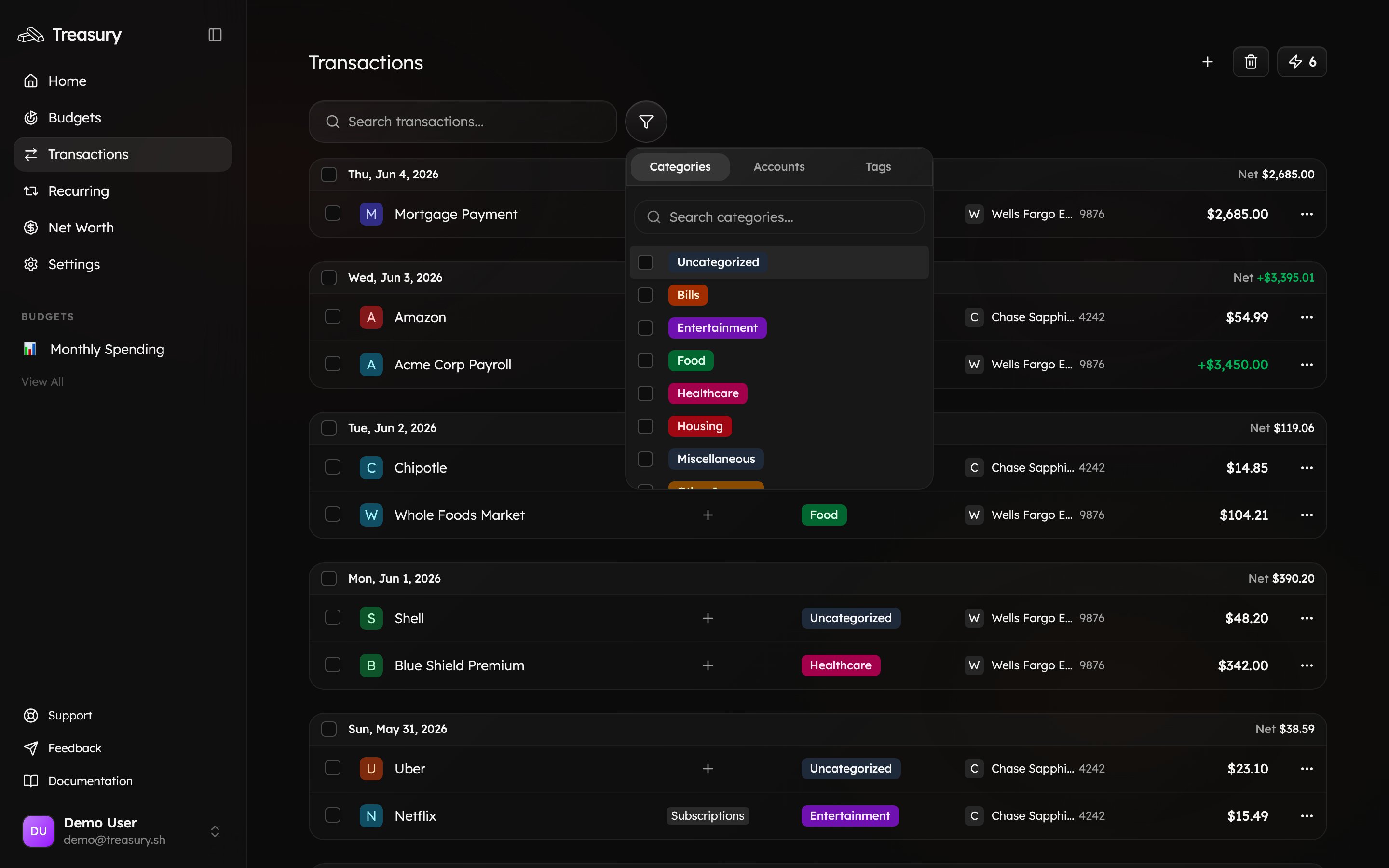 The filter popover with Categories, Accounts, and Tags tabs