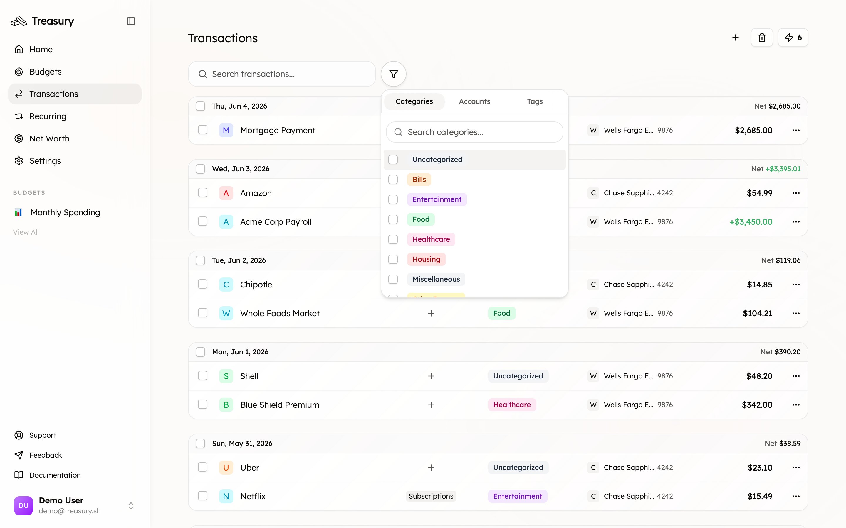 The filter popover with Categories, Accounts, and Tags tabs