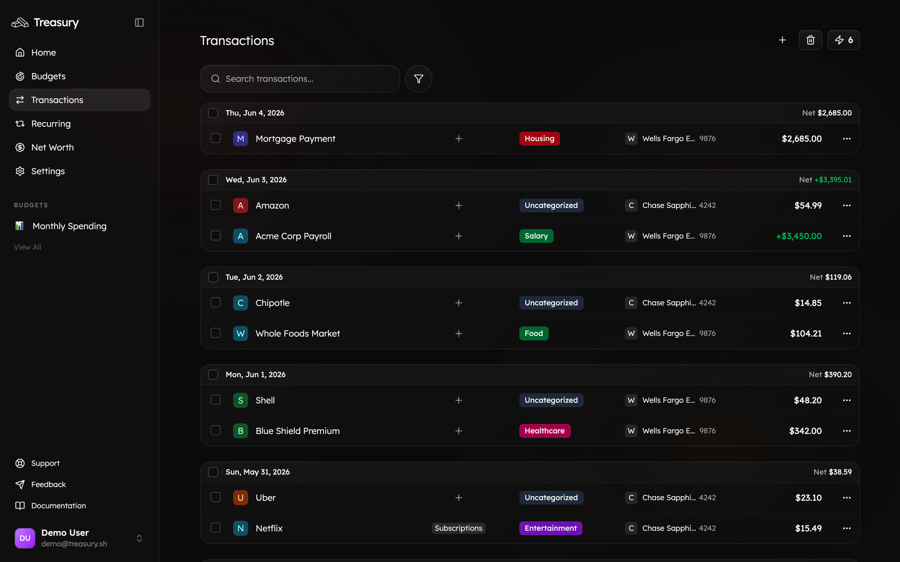 The Transactions page where each transaction shows a category pill you can click to change