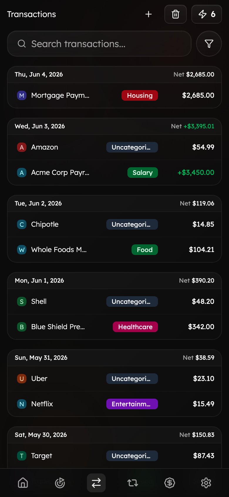 The Transactions page on mobile, showing transactions grouped into daily cards