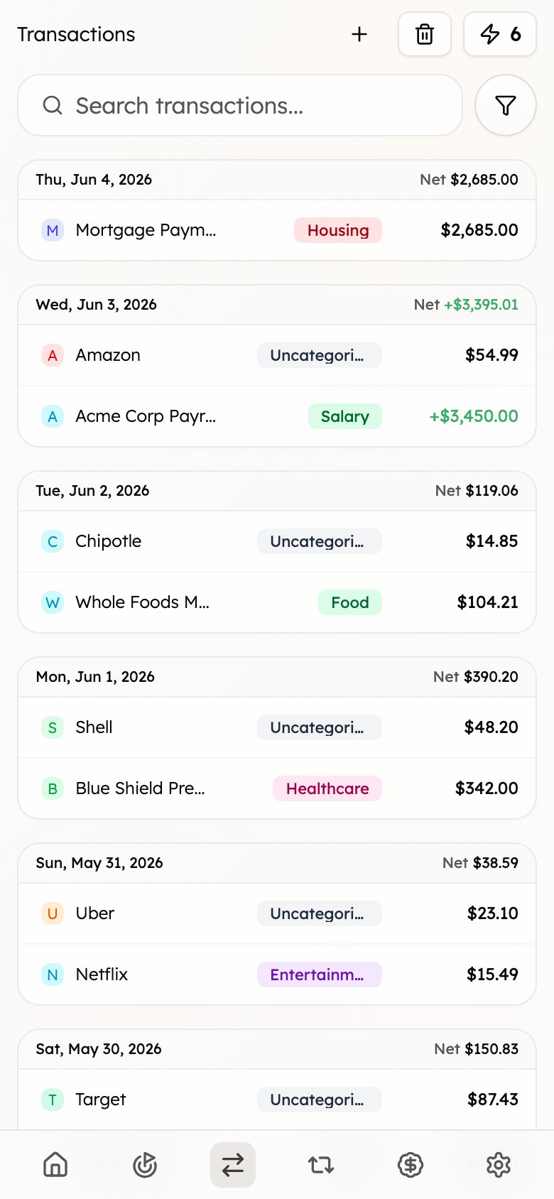 The Transactions page on mobile, showing transactions grouped into daily cards