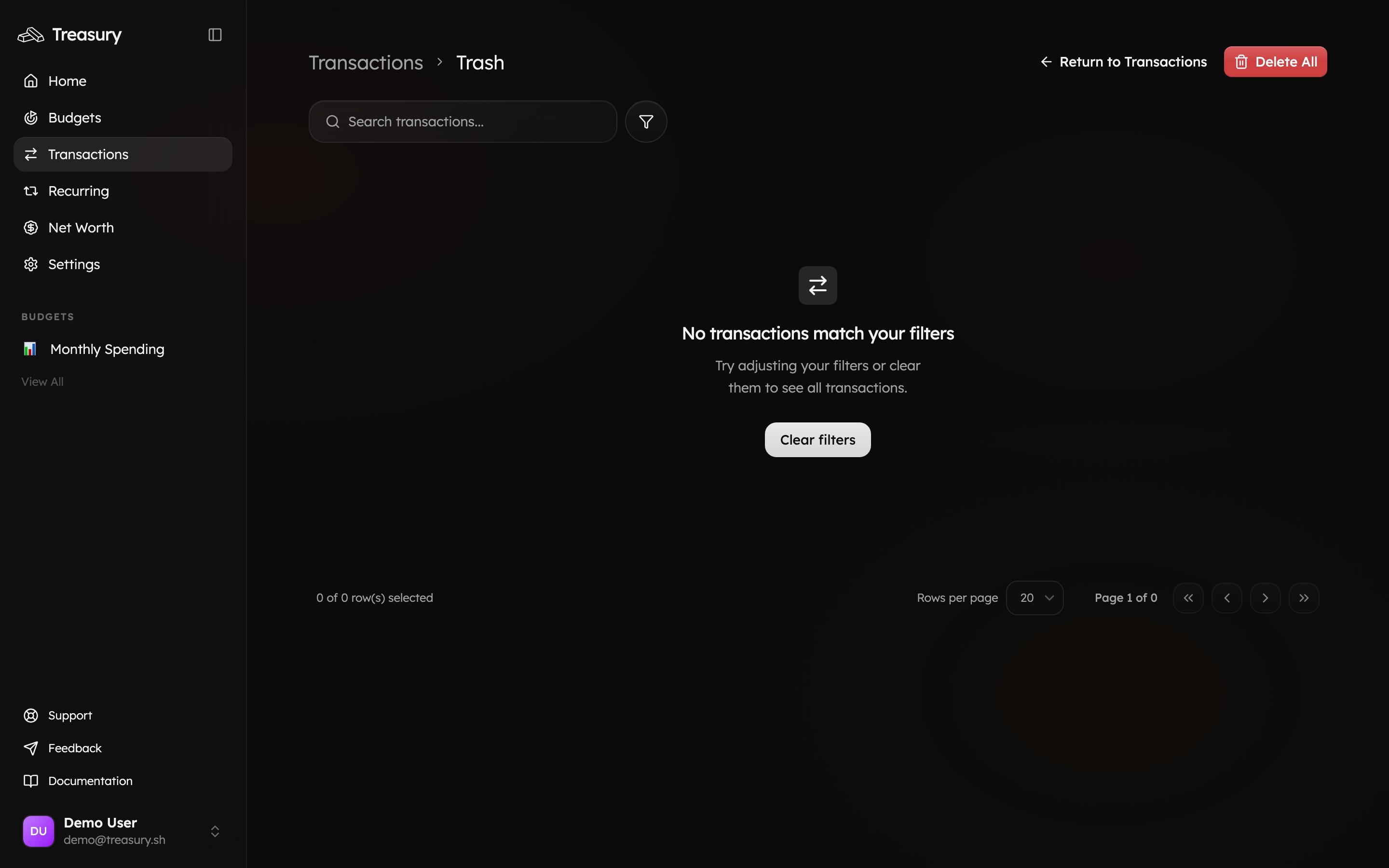 The Trash view, with a Return to Transactions link and a Delete All action