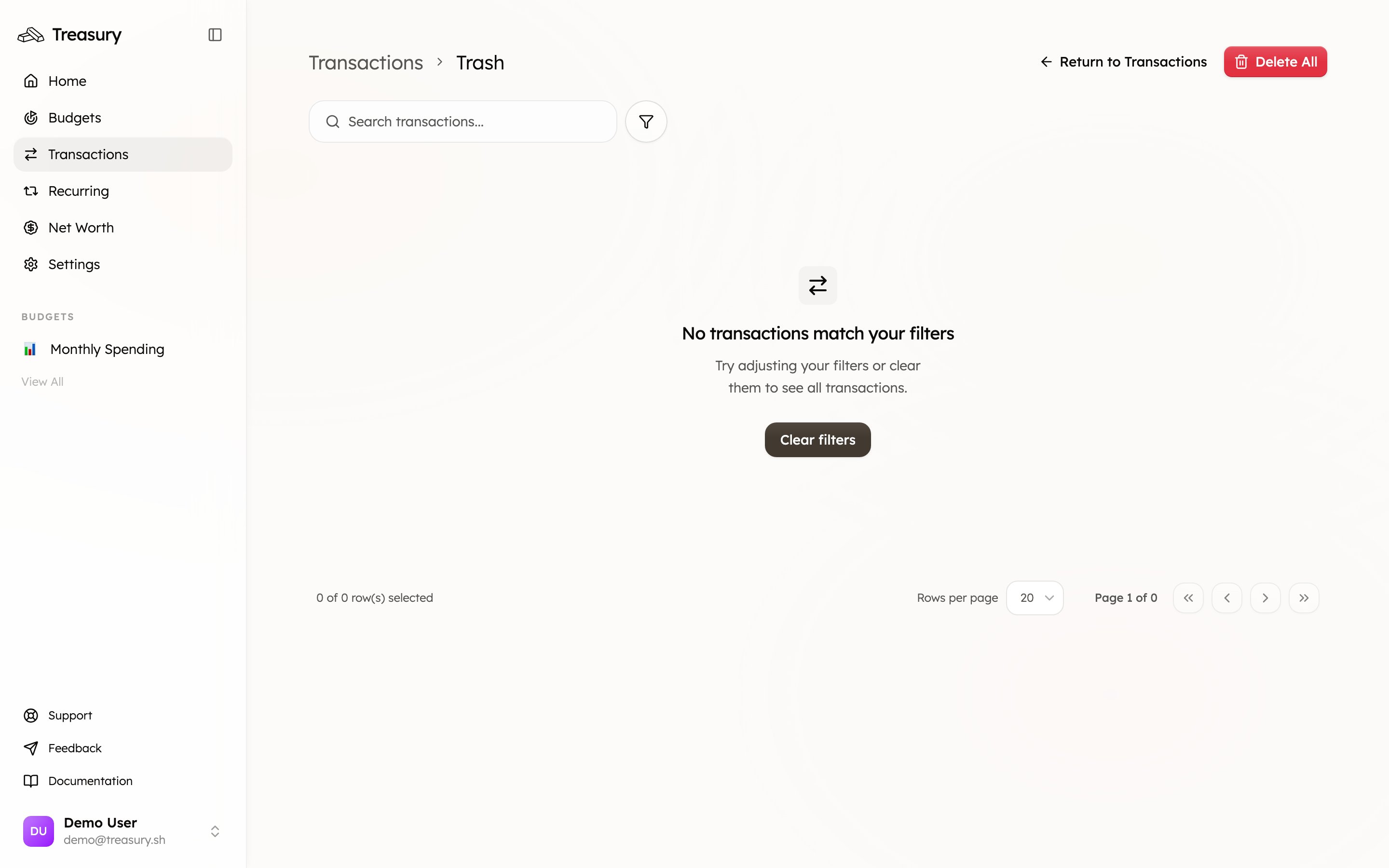 The Trash view, with a Return to Transactions link and a Delete All action