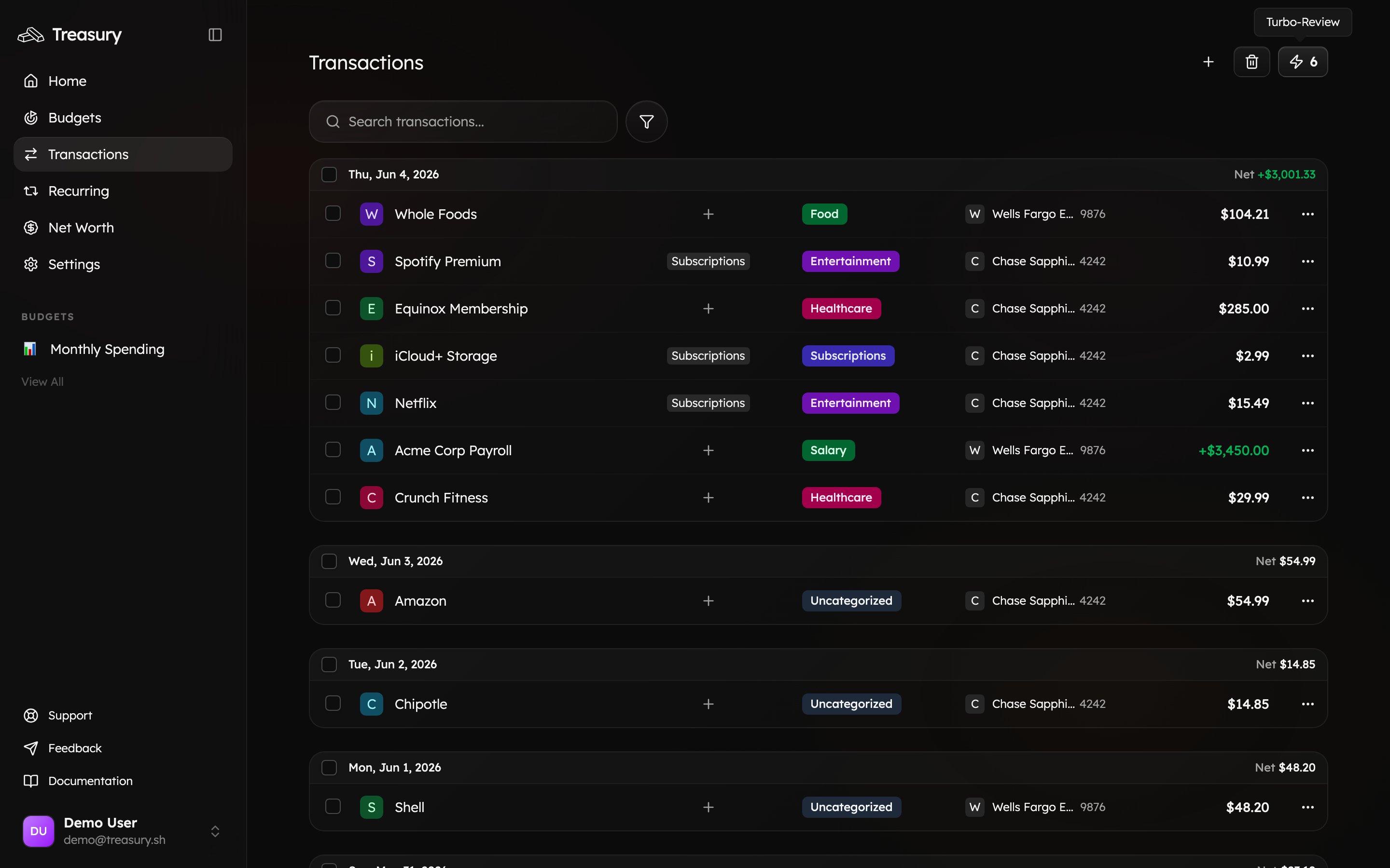 The Turbo Review dialog: one transaction with action icons and a grid of categories to choose from