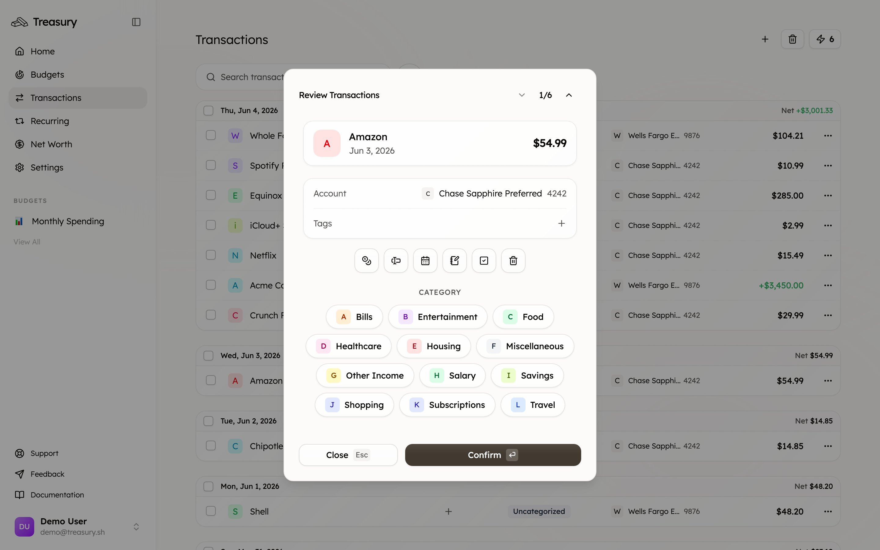 The Turbo Review dialog: one transaction with action icons and a grid of categories to choose from