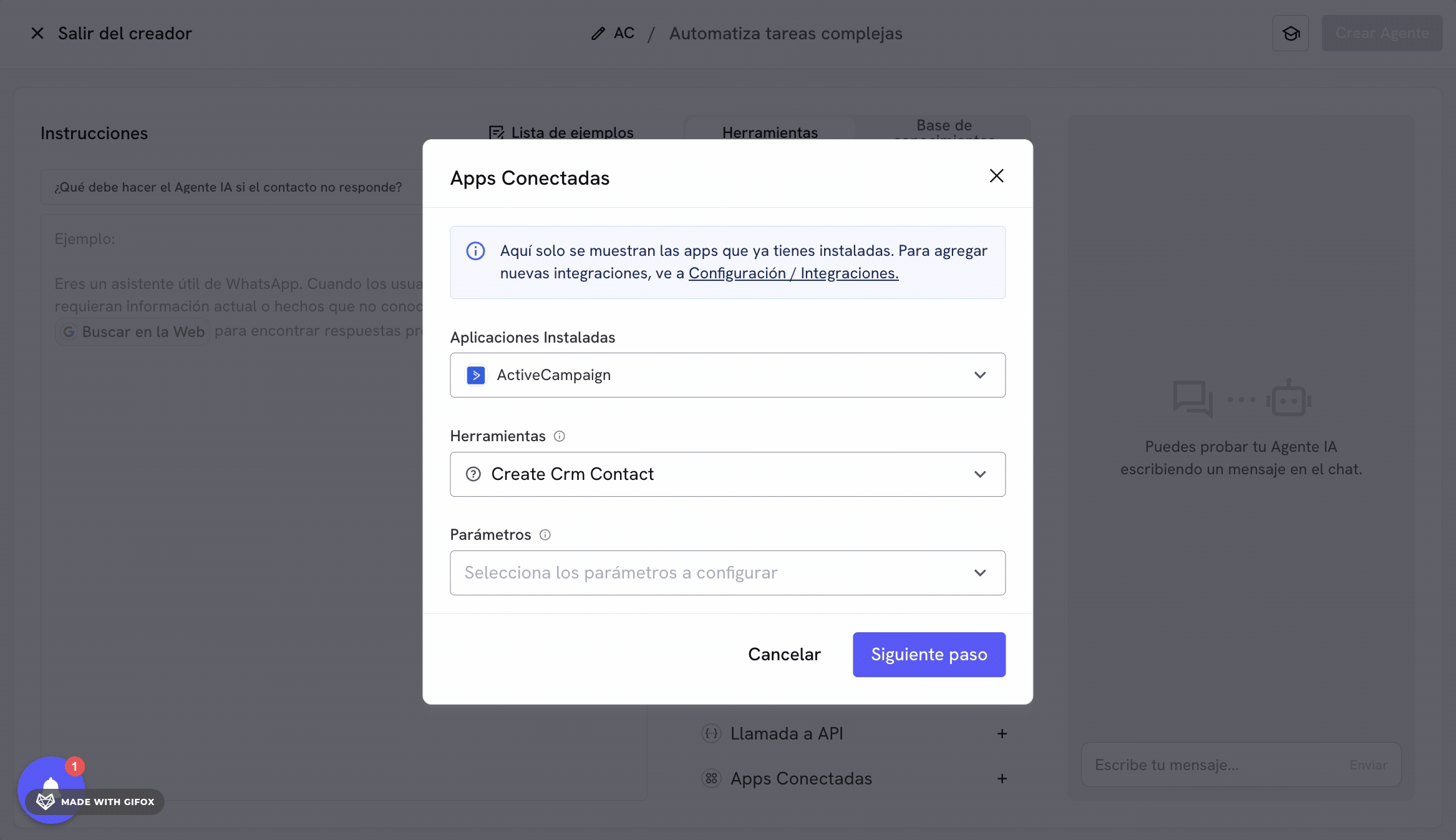 Configuración de la herramienta Crear Contacto