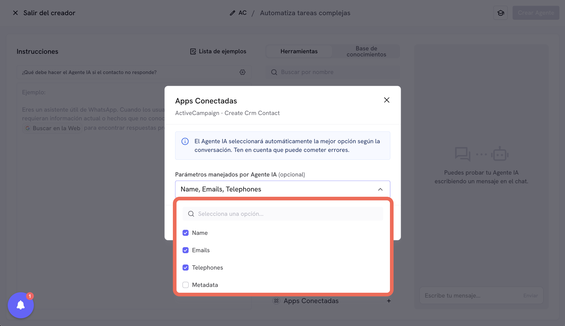 Configuración de la herramienta Crear Contacto