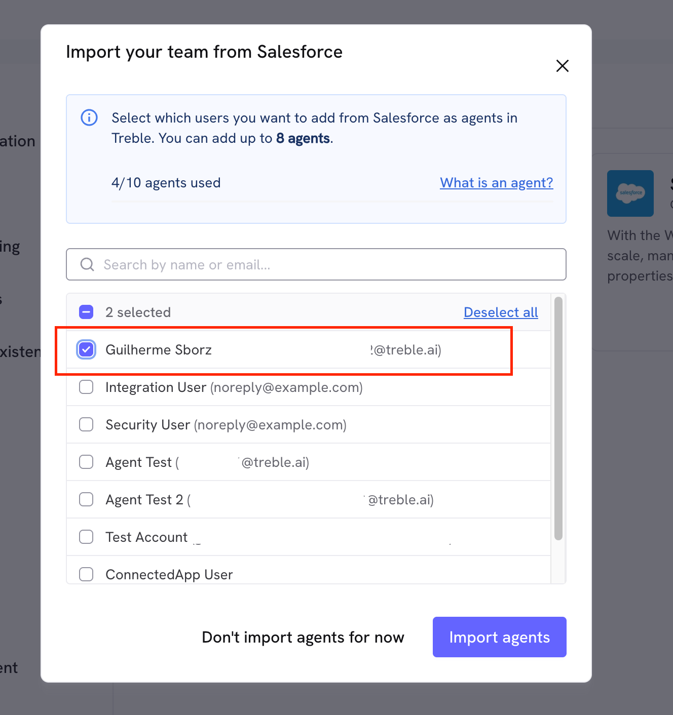 Selecionar agentes do Salesforce