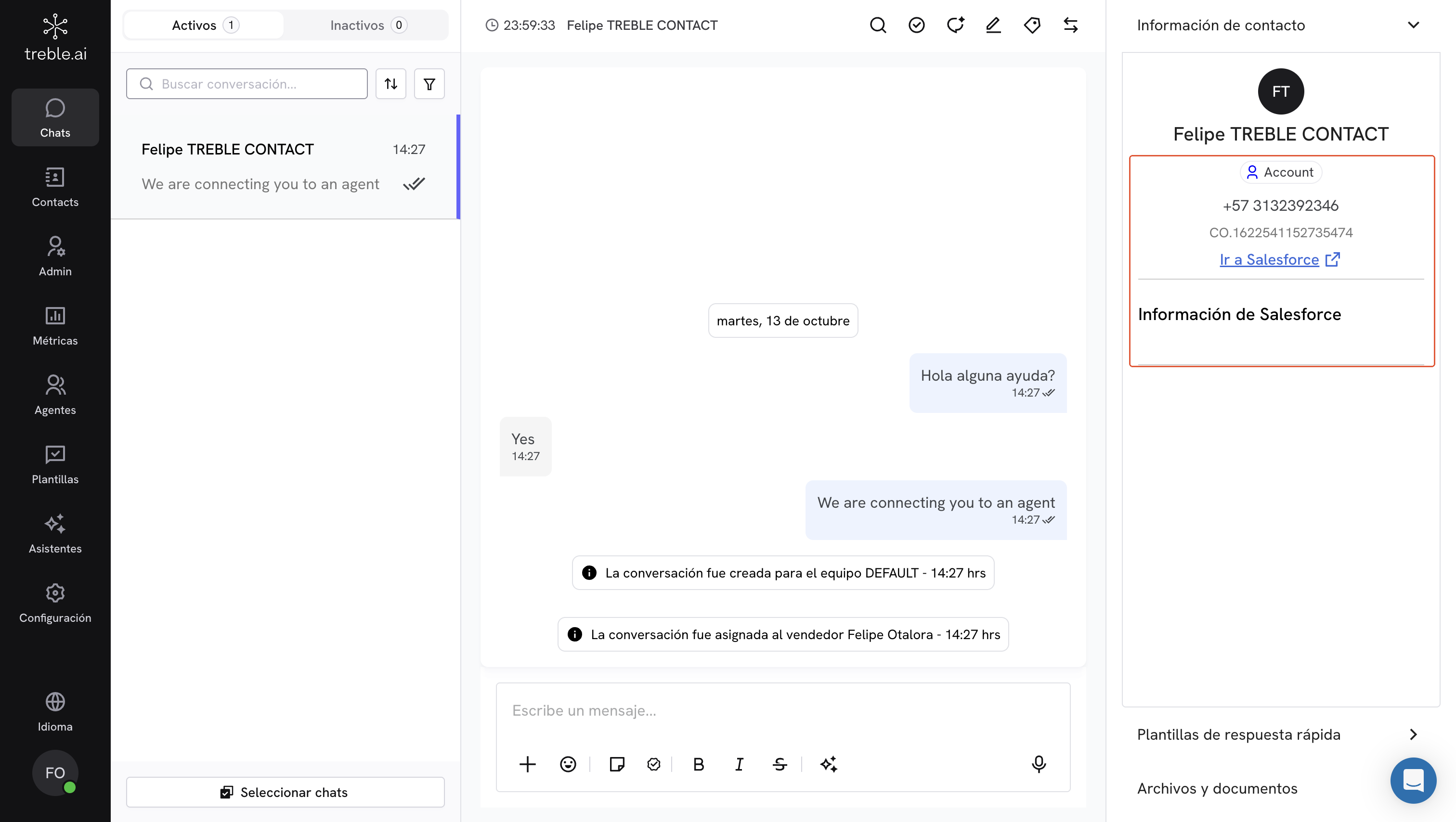 Panel de información de contacto de una conversación en multi-objeto, con la etiqueta del objeto debajo del nombre