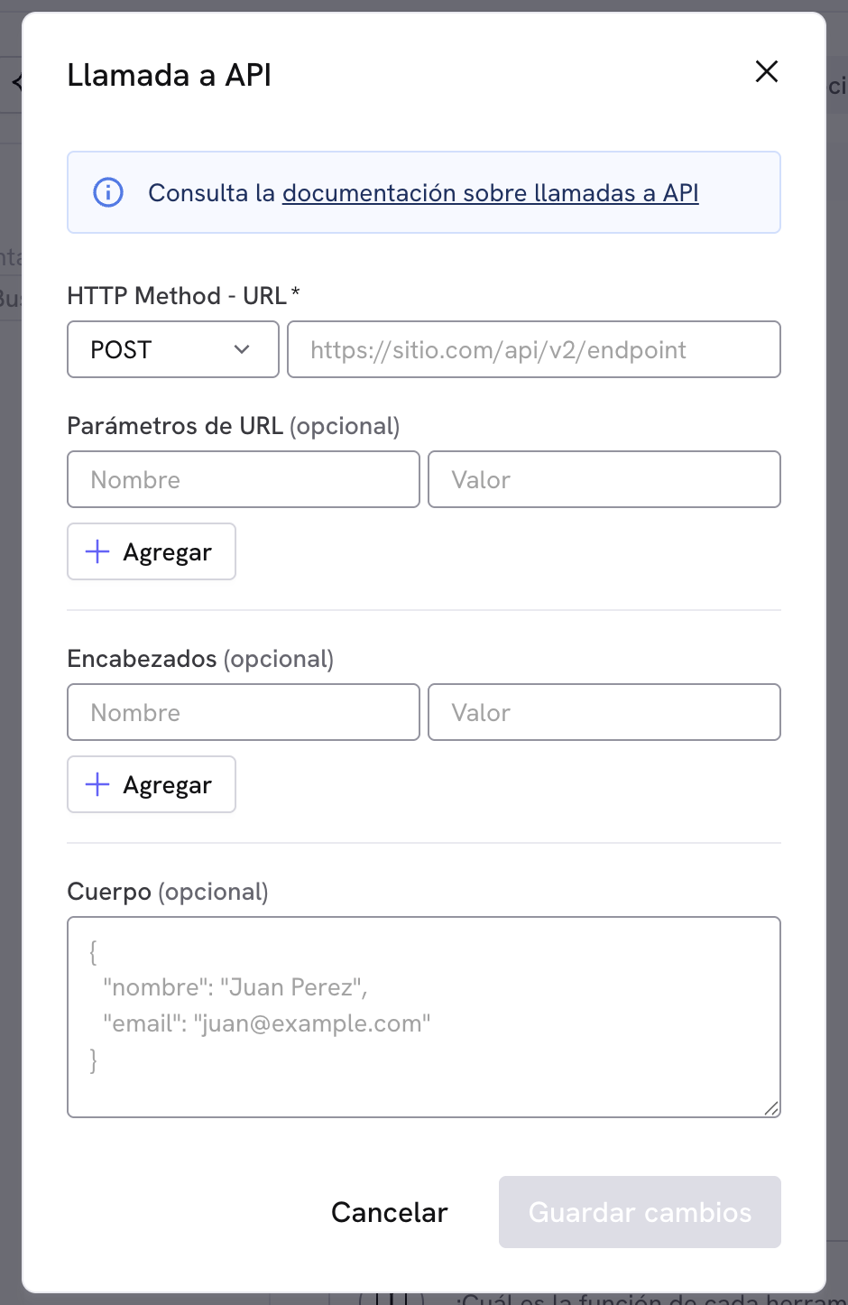 Configuración de la herramienta de llamada API