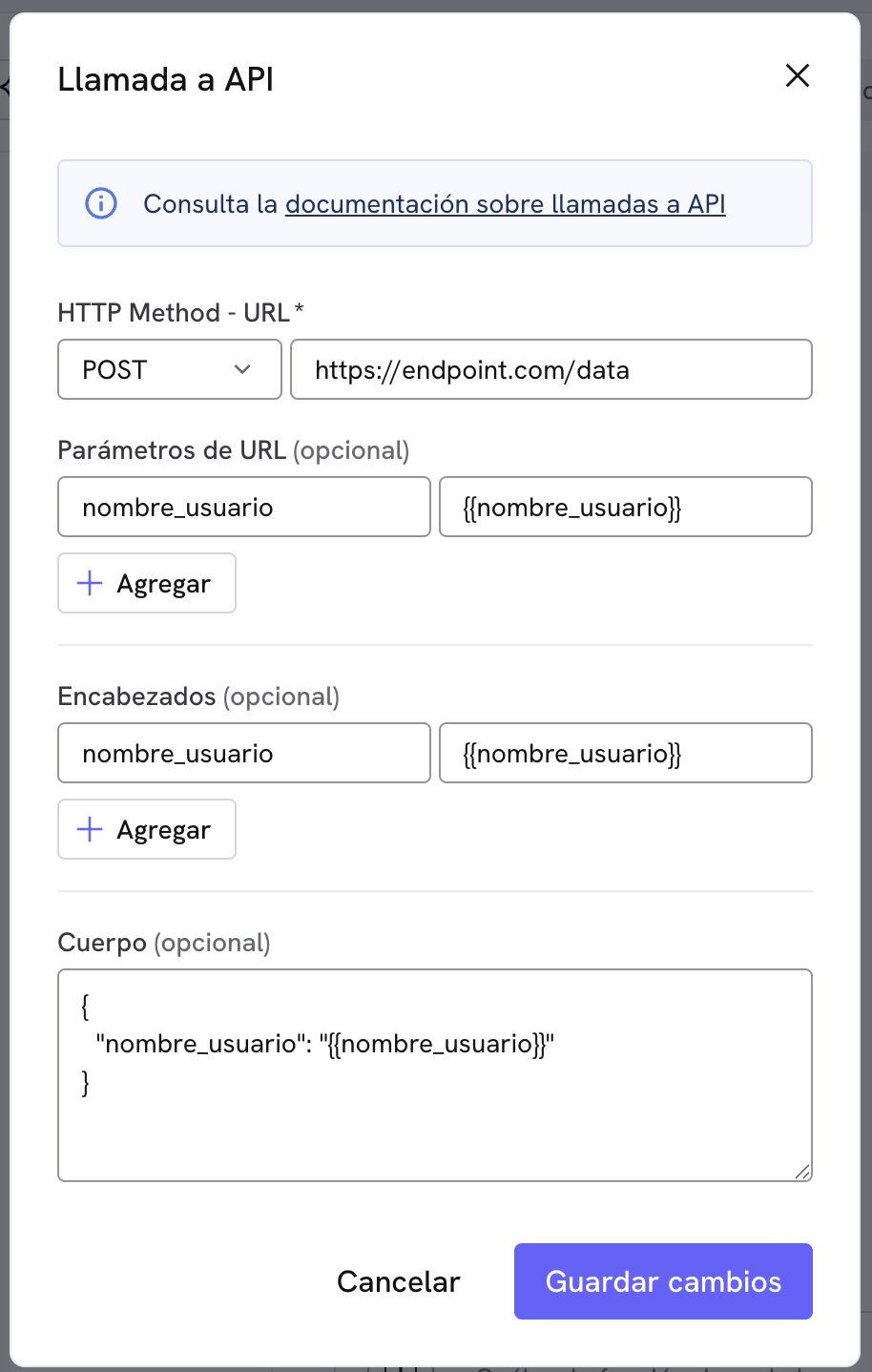 Configuración de variables en la herramienta de llamada API