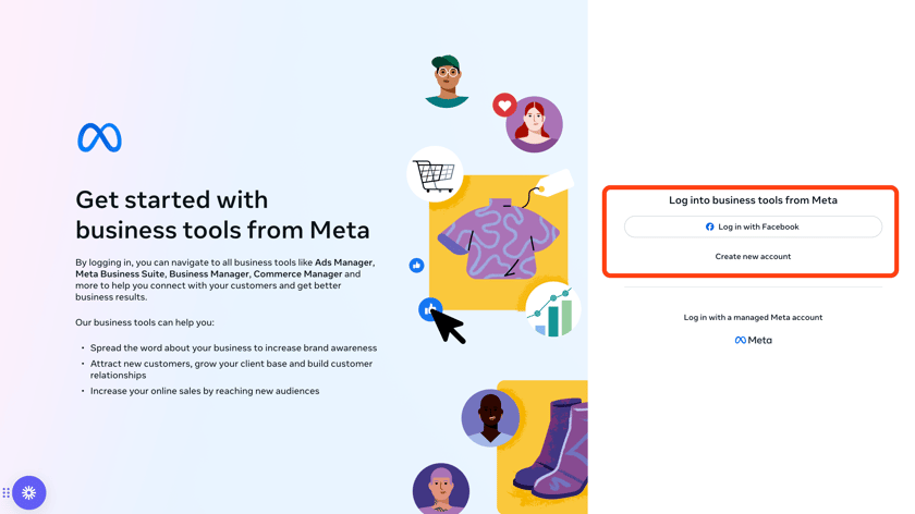 Meta Login Button Portfólio comercial da Meta - Home