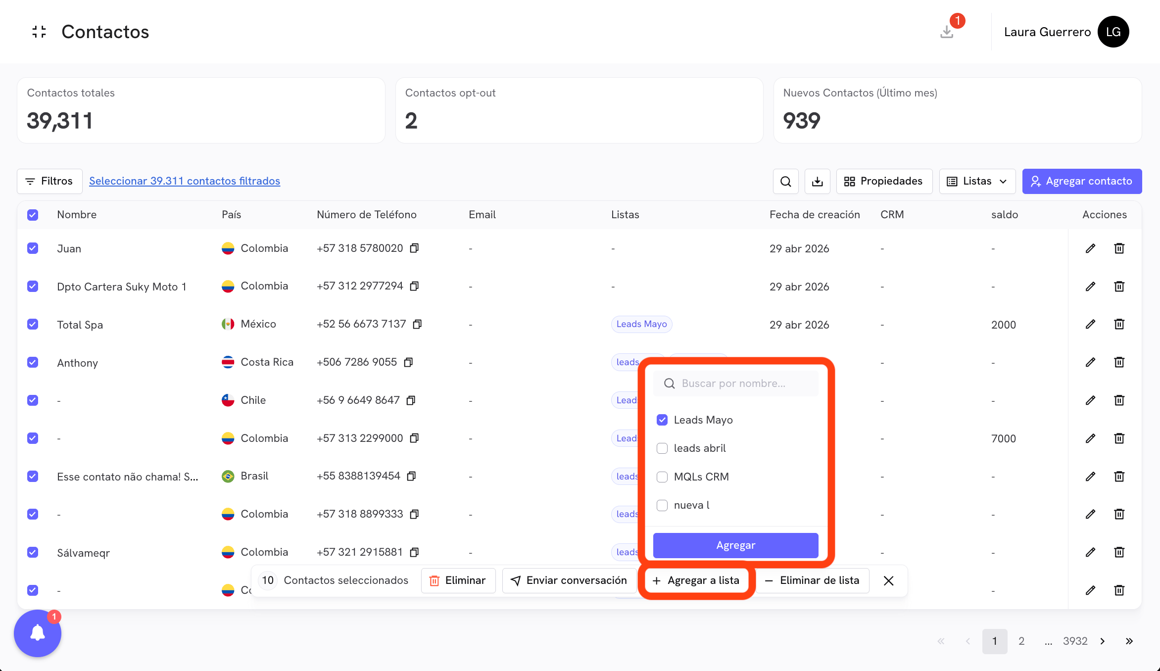Add selected contacts to a list