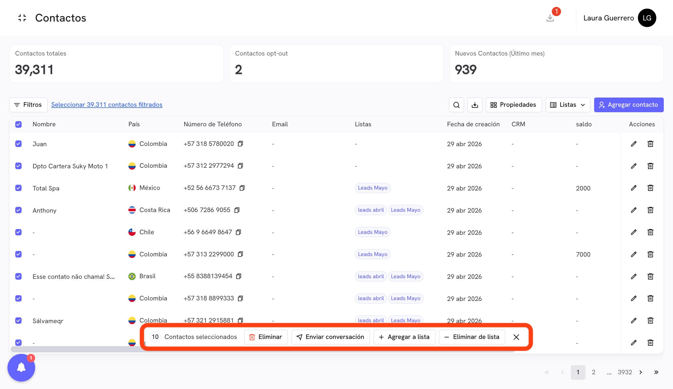 Bulk actions bar