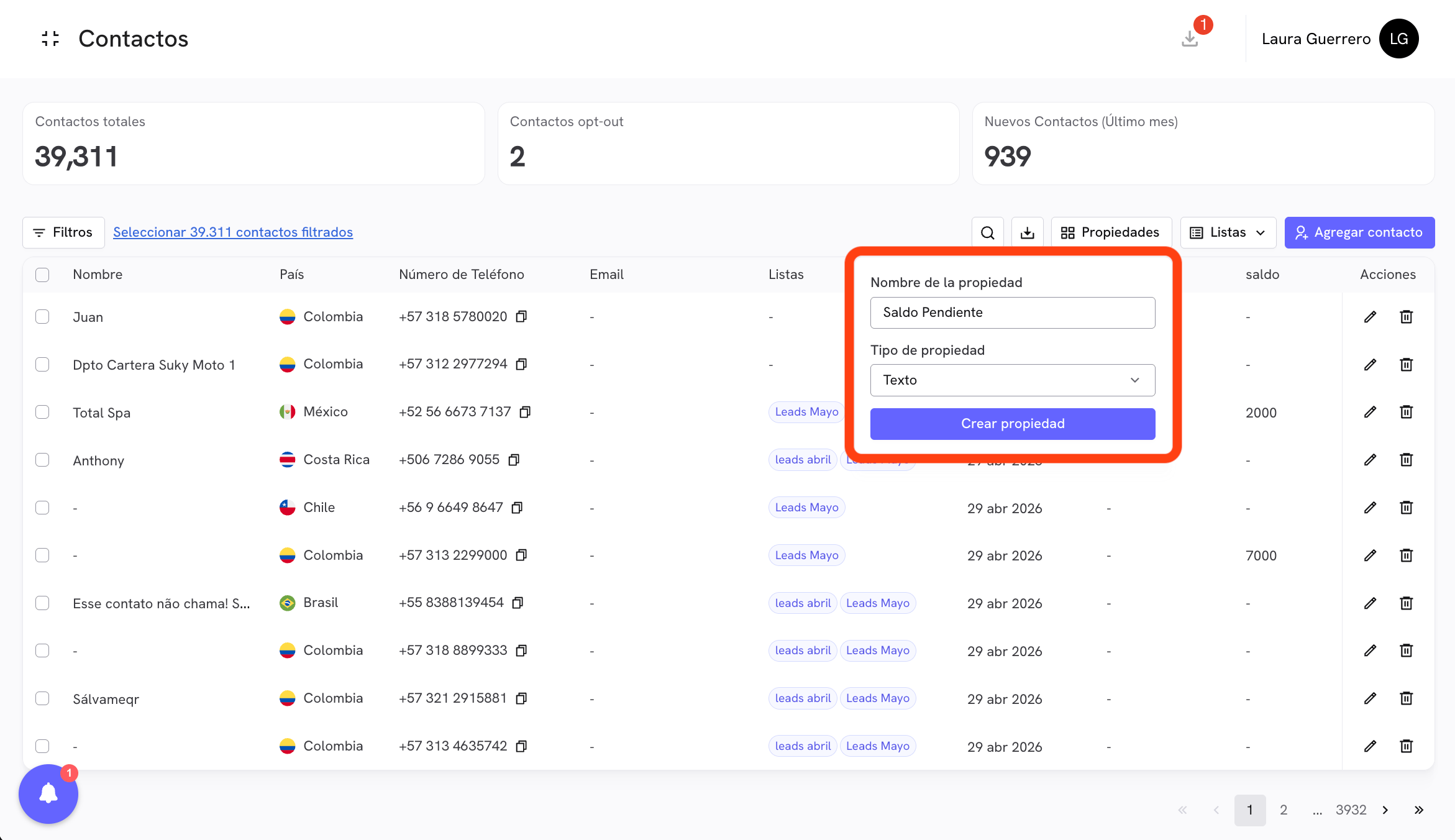 Create property - name and type
