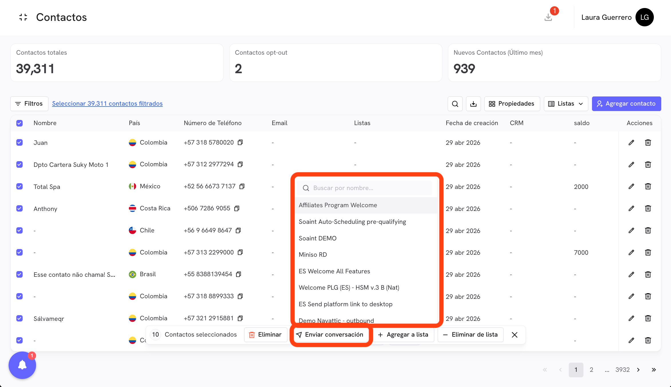 Select conversation for bulk sending