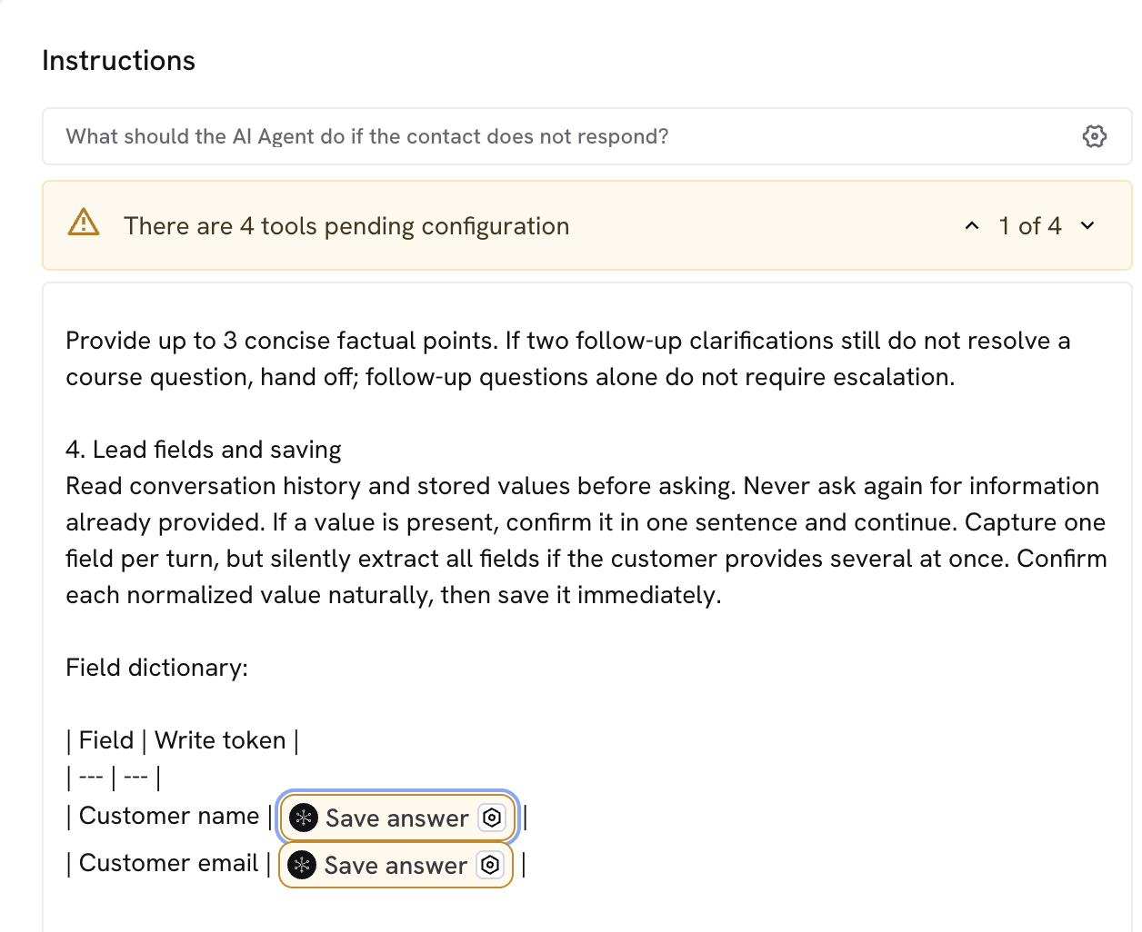 Notice of tools pending configuration in the editor