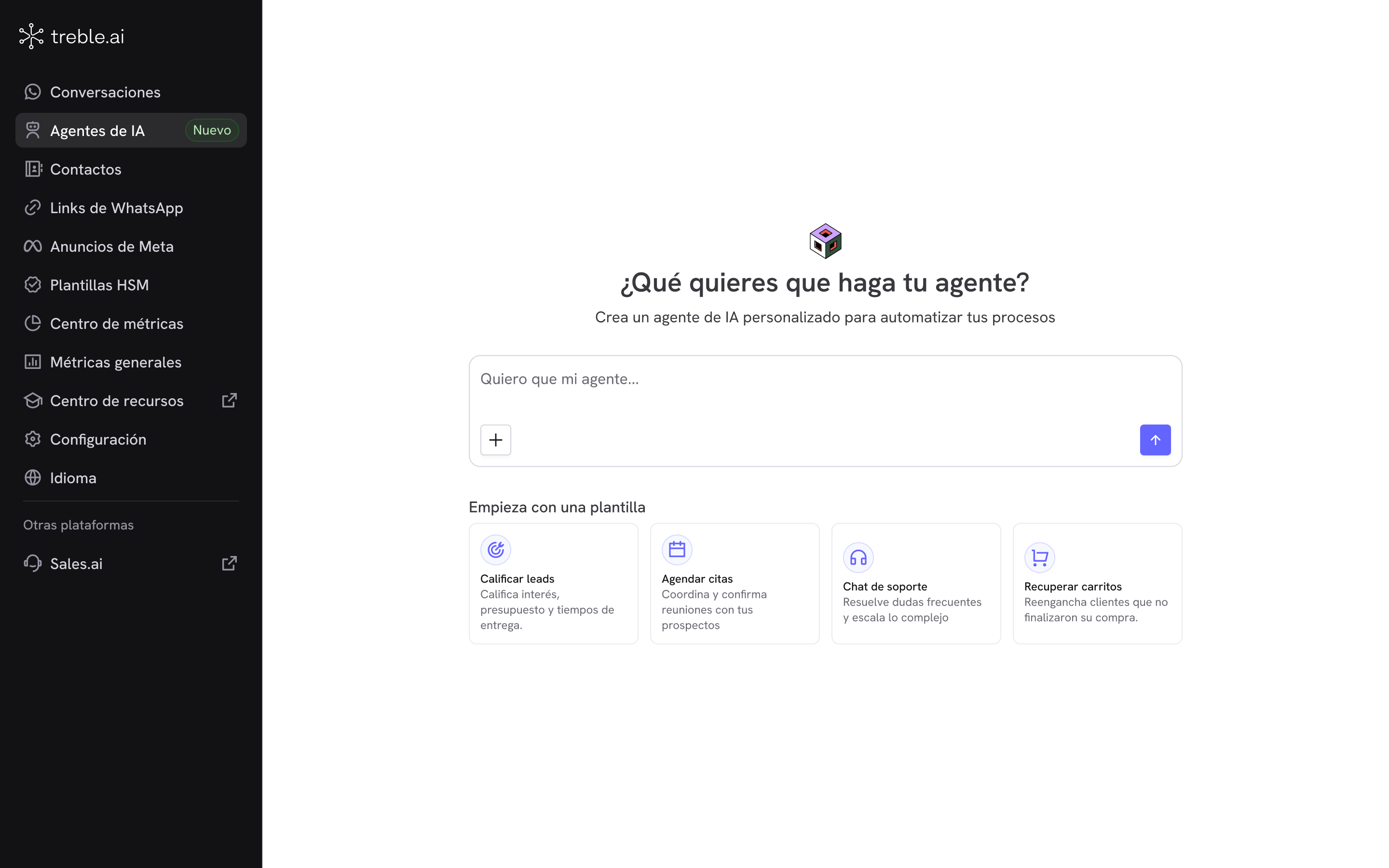 Sección Agentes de IA en el menú lateral de Treble