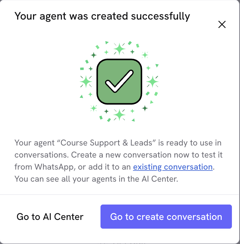 Modal de agente creado con el botón Ir a crear conversación