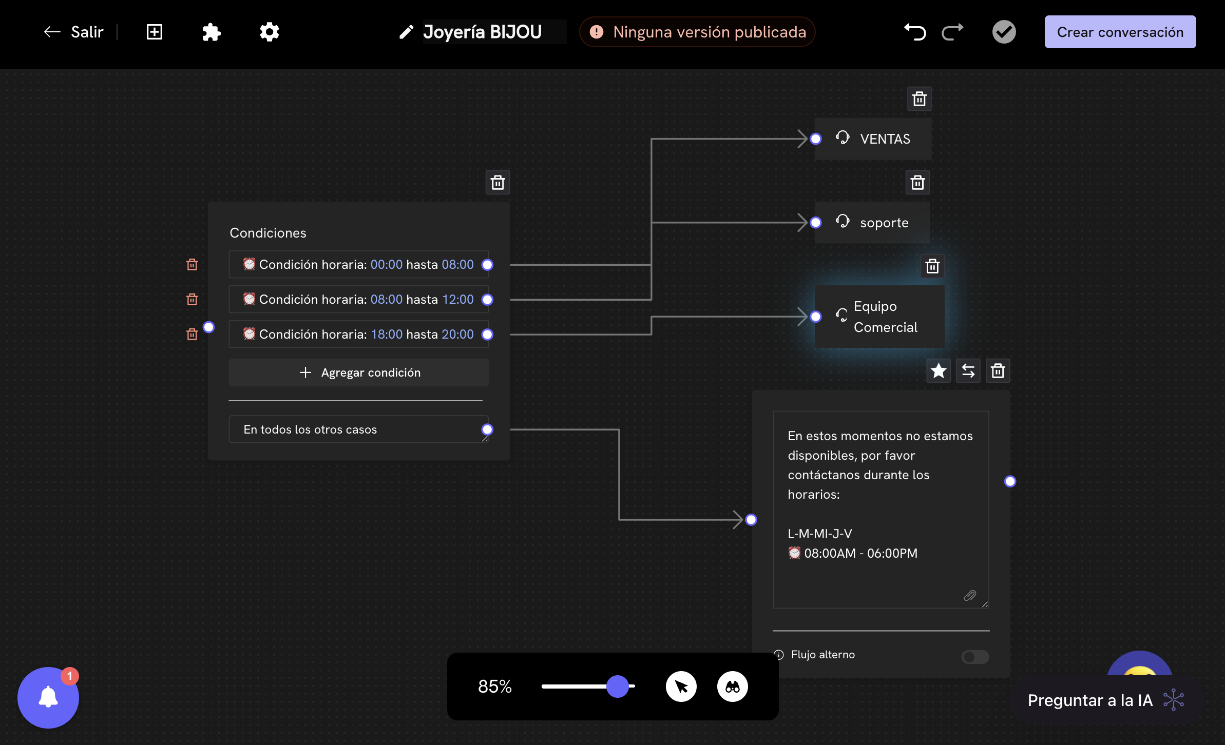 Configuración de horarios y condiciones de tiempo