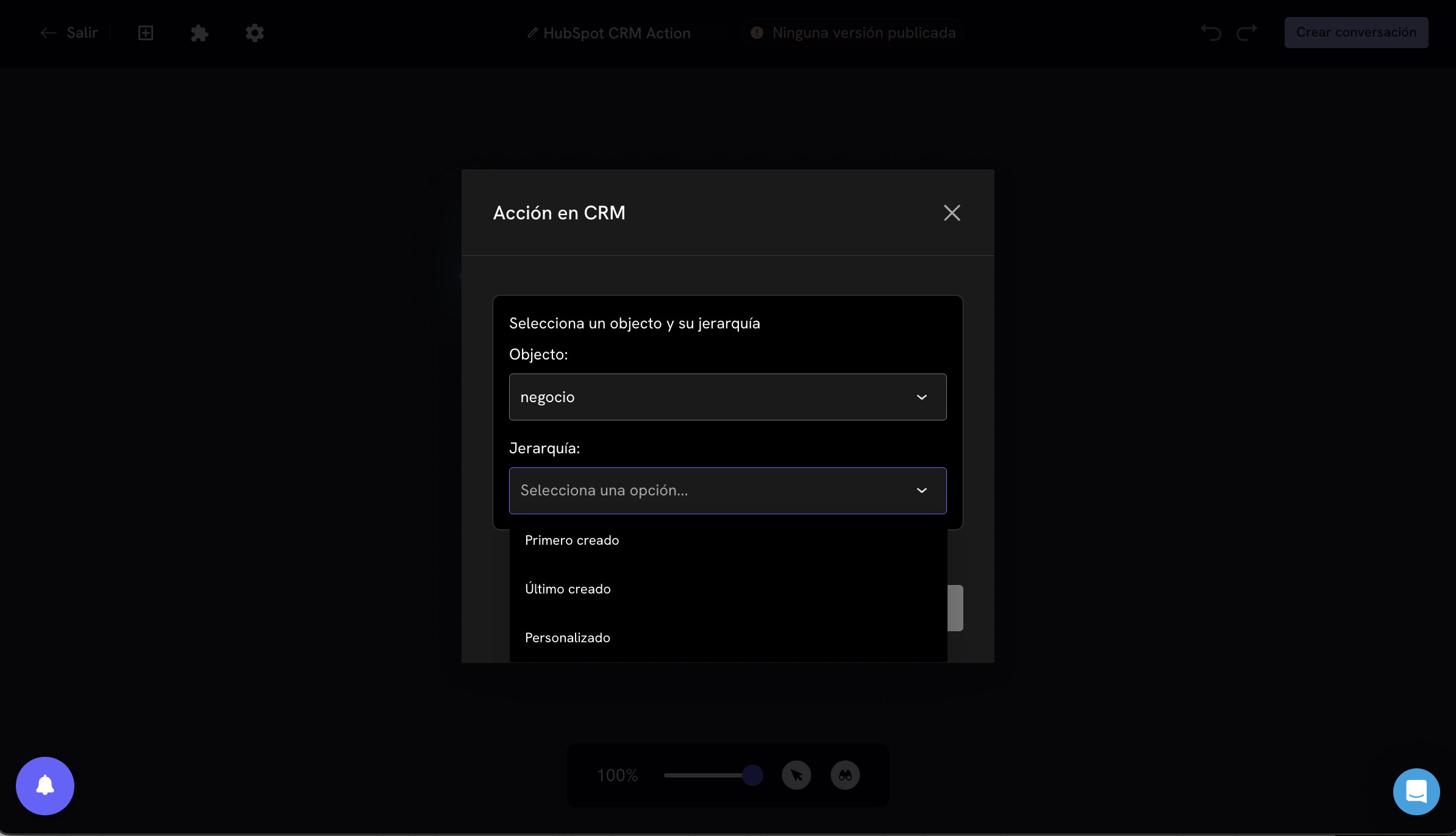 Hierarchy options in the CRM Action block