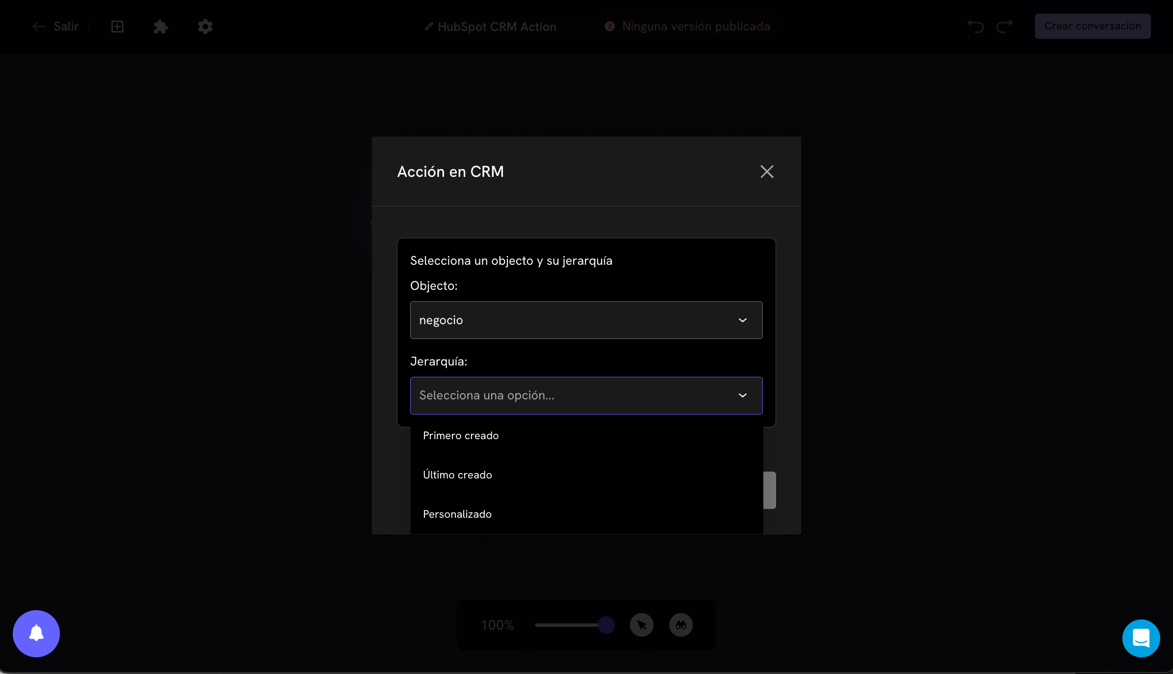 Hierarchy options in the CRM Action block