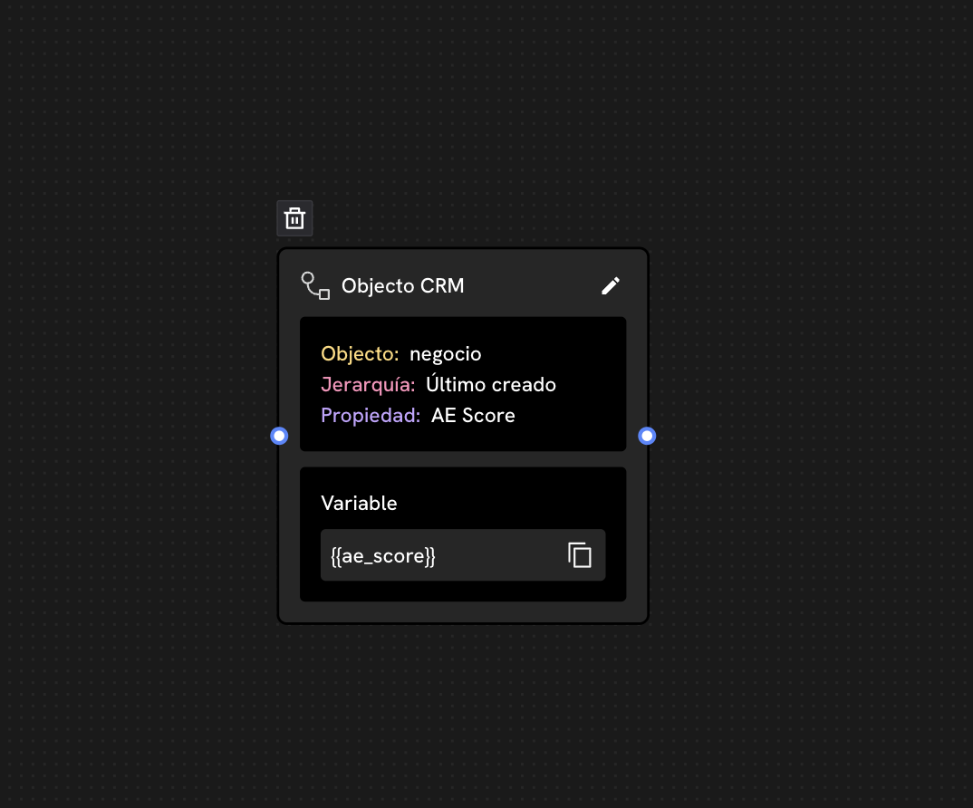 CRM Object block on the canvas showing object, hierarchy, property and the resulting variable