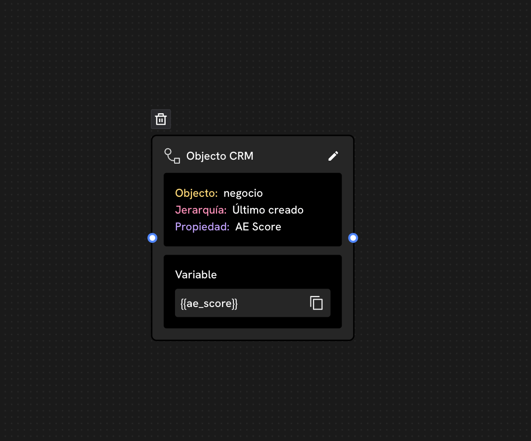 CRM Object block on the canvas showing object, hierarchy, property and the resulting variable