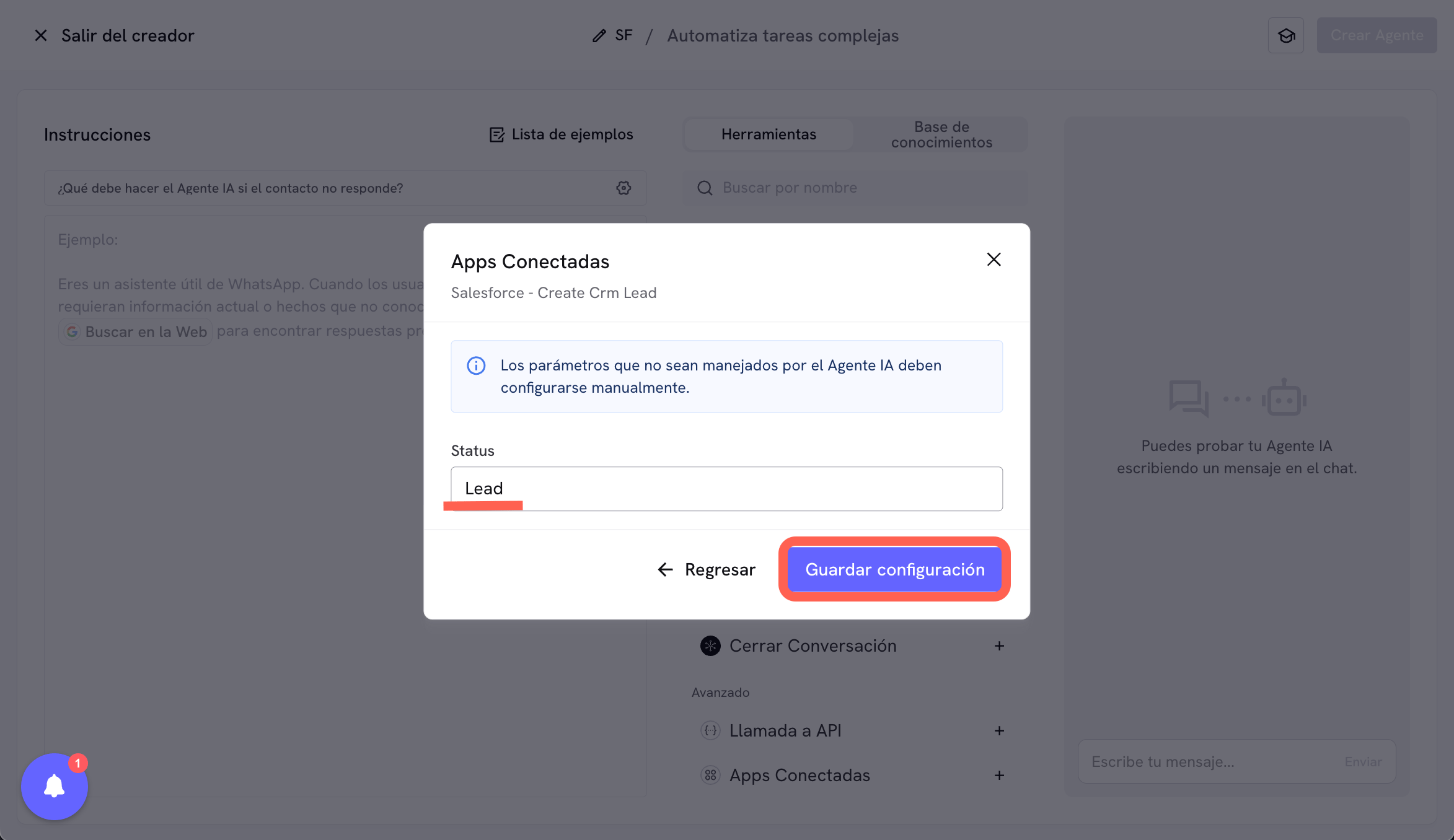 Configuração da ferramenta Criar Lead