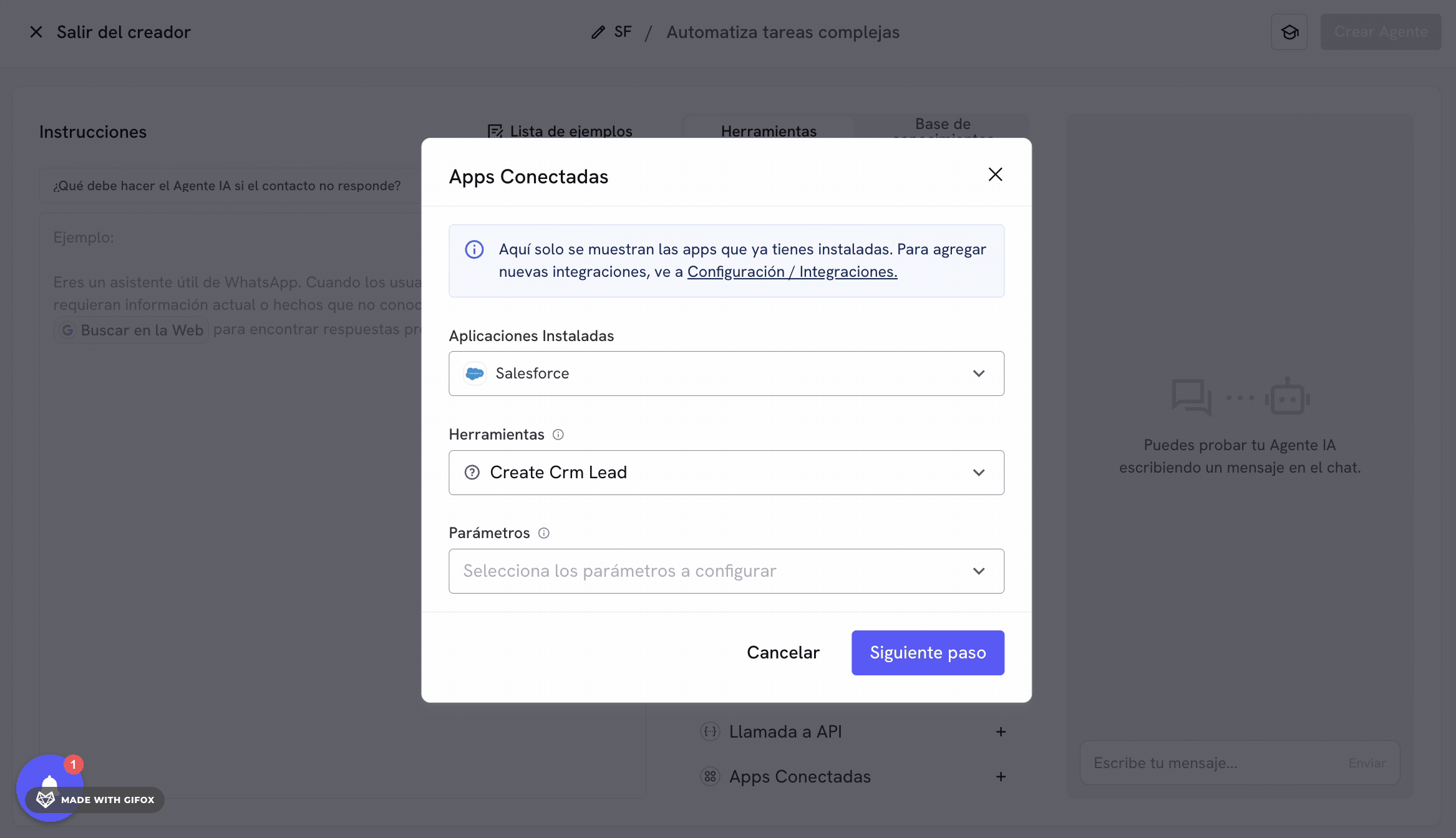 Configuração da ferramenta Criar Lead