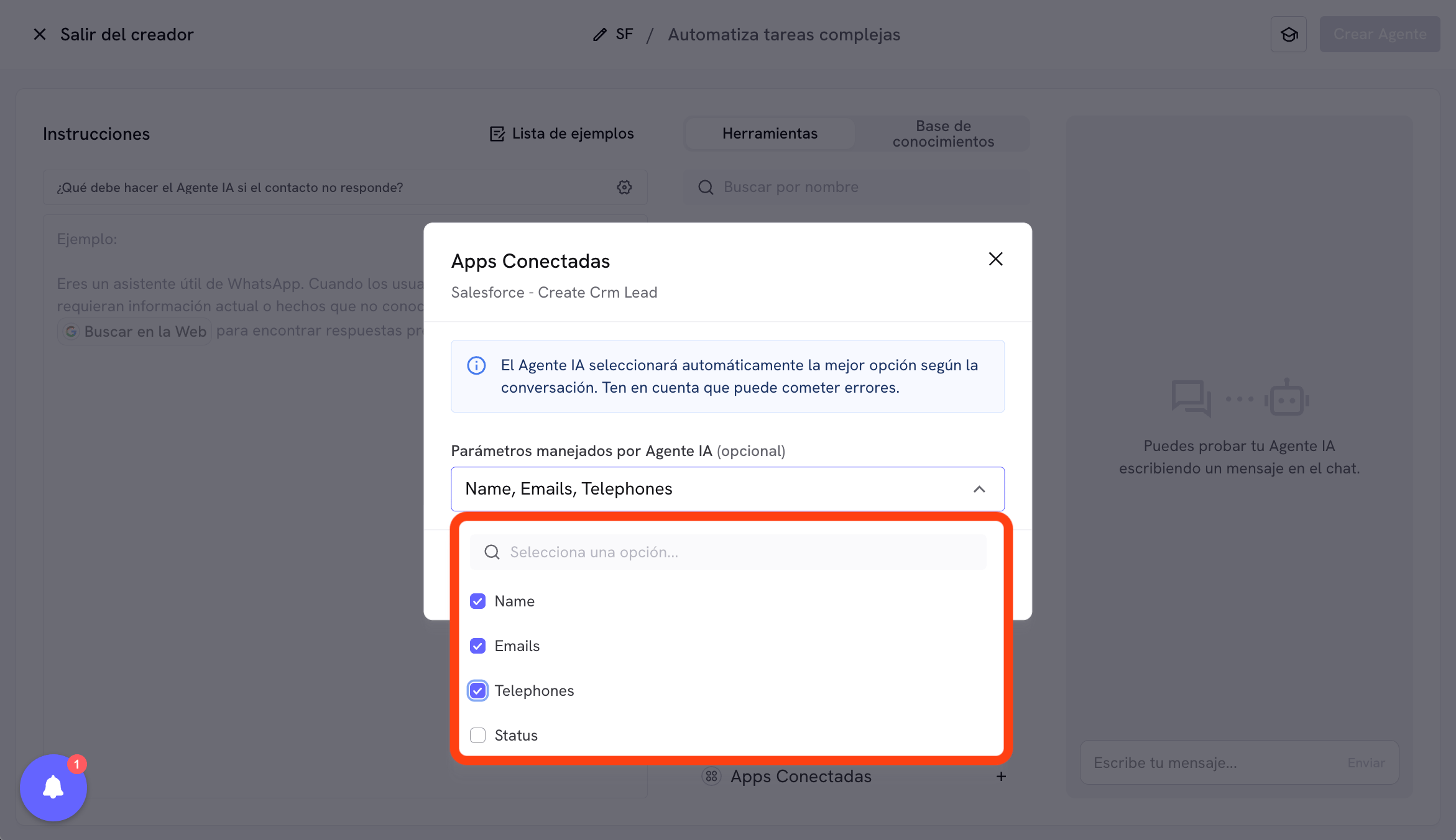 Configuração da ferramenta Criar Lead