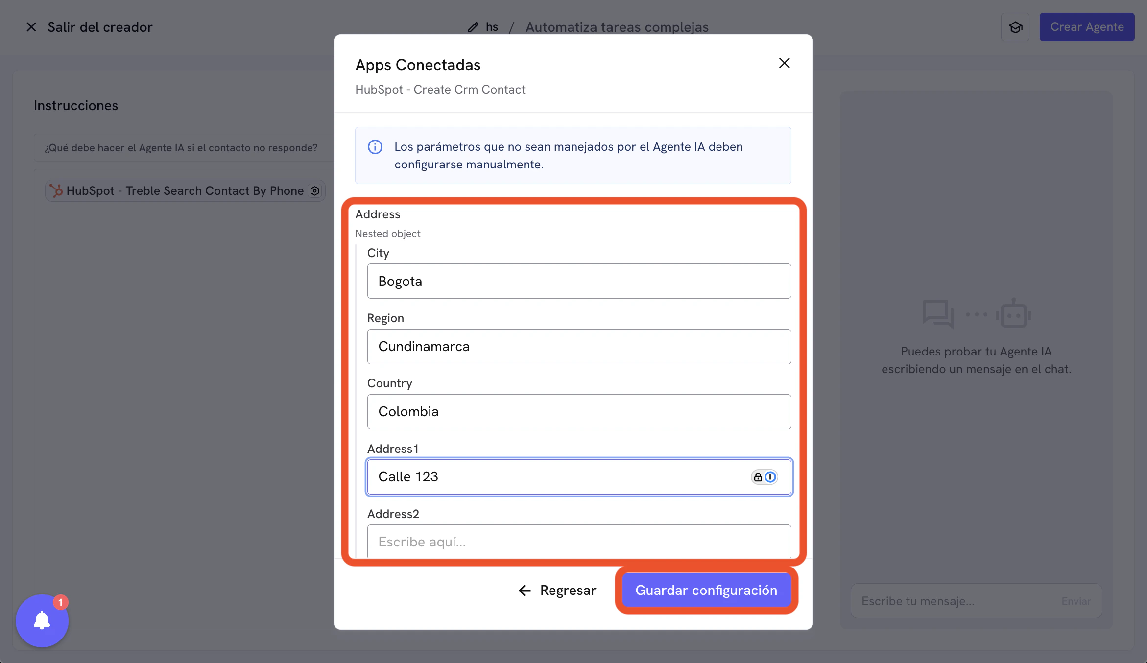 Configuração da ferramenta Criar Contato