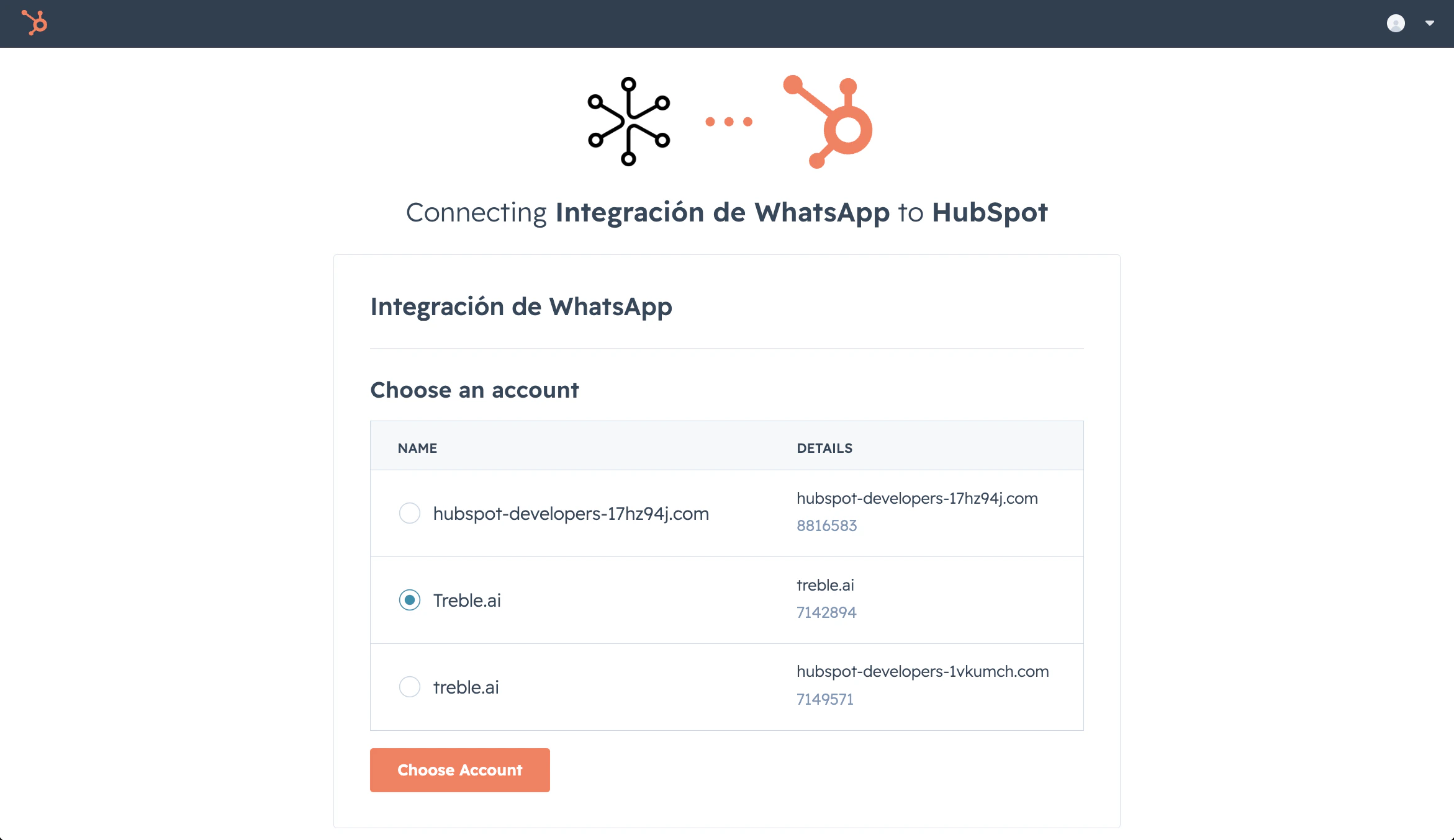 Seleccionar cuenta de HubSpot