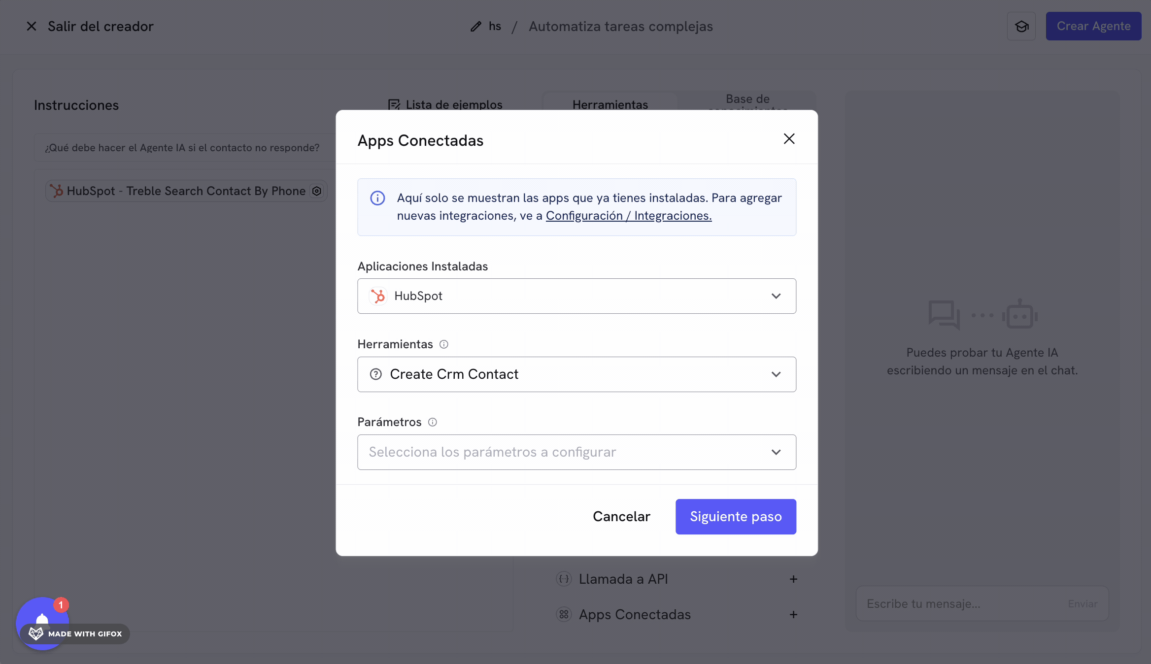 Configuração da ferramenta Criar Contato
